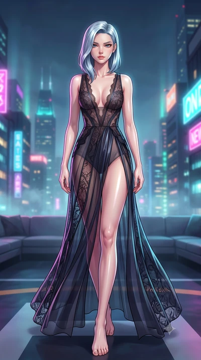 score_9, masterpiece, best quality, ultra-detailed, high-budget anime keyframe, editorial fashion photography, tasteful artistic composition, Korean woman woman. low angle full-body shot from head to toe showing her feet, filling the entire 9:16 vert