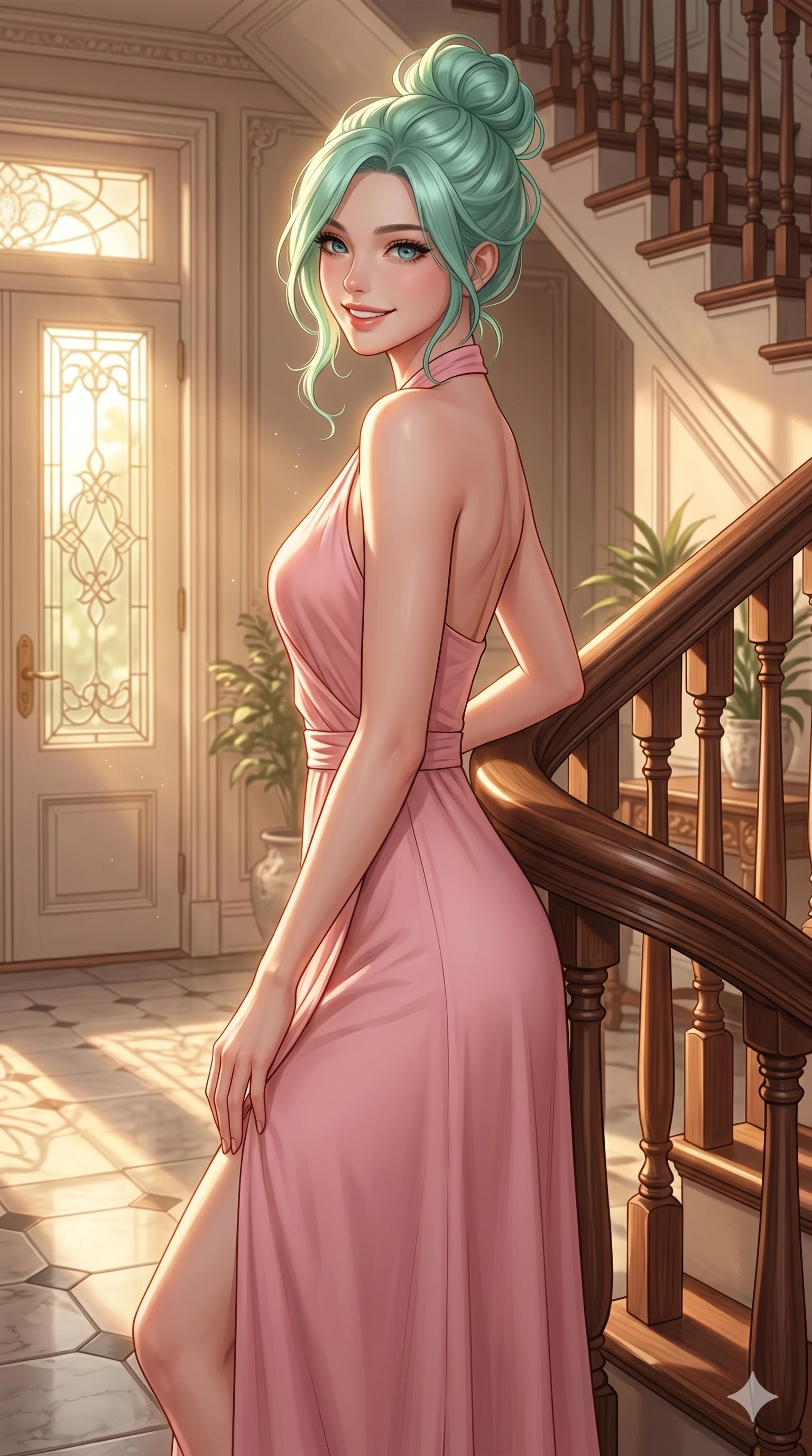 score_9, masterpiece, best quality, ultra-detailed, high-budget anime keyframe, editorial fashion photography, tasteful artistic composition, Japanese woman. cowboy shot from the thighs up, character and outfit filling the frame for maximum editorial presence. looking back over her shoulder with a bright, confident smile leaning on a wooden railing of a classic staircase in a sunlit foyer. She has an absolutely perfect 8-heads proportion, an exceptionally tall and slender female figure with impossibly long slender legs and an ultra-slim waist. V-shaped jawline, high-bridge nose, intricate jewel-like eyes with depth, thick eyelashes, glossy lips with a natural sheen. wearing a soft pink wrap dress with a graceful halter neck and bare shoulders. bathed in warm golden hour light pouring through the glass door panel. 2k, ultra detail, master piece, 9:16 ratio