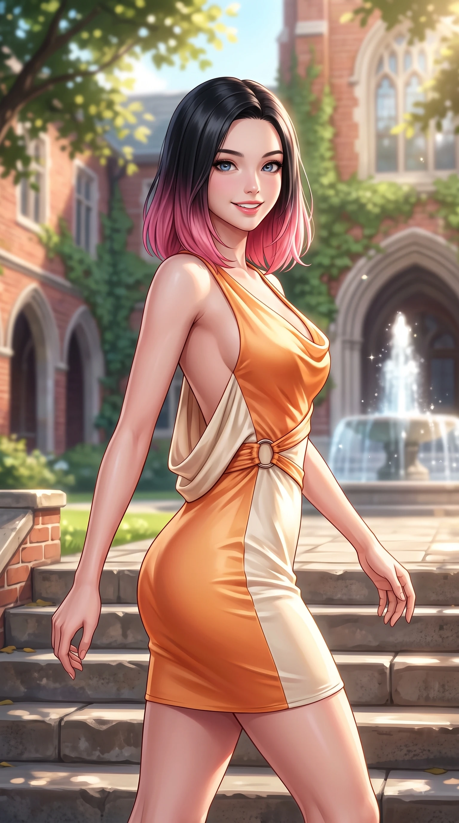 score_9, masterpiece, best quality, ultra-detailed, high-budget anime keyframe, editorial fashion photography, tasteful artistic composition, Korean woman. close-up cowboy shot from the waist and thighs up, the character dominates the composition, filling the frame with her large presence. Gazing directly into the camera with a fresh, infectious smile as her torso curves dynamically in mid-stride while pivoting dynamically on the stone steps of a red-brick ivy-draped hall with youthful grace. The composition keeps background elements in soft focus with dreamy bokeh. gothic campus arches and sparkling fountain water softened in gentle shallow focus. She has an exceptionally elegant, slender, and willowy female figure with an ultra-slim waist, a gracefully sculpted slender torso, and a refined silhouette. sharp v-shaped jawline, high-bridge nose, intricate jewel-like eyes with depth, thick eyelashes, glossy lips with a natural sheen, flawlessly proportioned anatomical accuracy, natural body alignment, perfectly sculpted elegant limbs, clean dynamic posture without body distortion. wearing a precision-fitted bodycon dress with a graceful open draped back in warm apricot orange and cream white, crafted from smooth liquid silk satin, accented with subtle metallic ring hardware framing her waist, the elegant draped fit framing her graceful clavicle and slender torso. bathed in brilliant sunny morning light filtering through tree canopies. highly saturated vibrant anime colors, detailed shading with soft gradients, rich glossy textures, high-contrast stereoscopic depth, volumetric dynamic lighting, master piece, 9:16 ratio