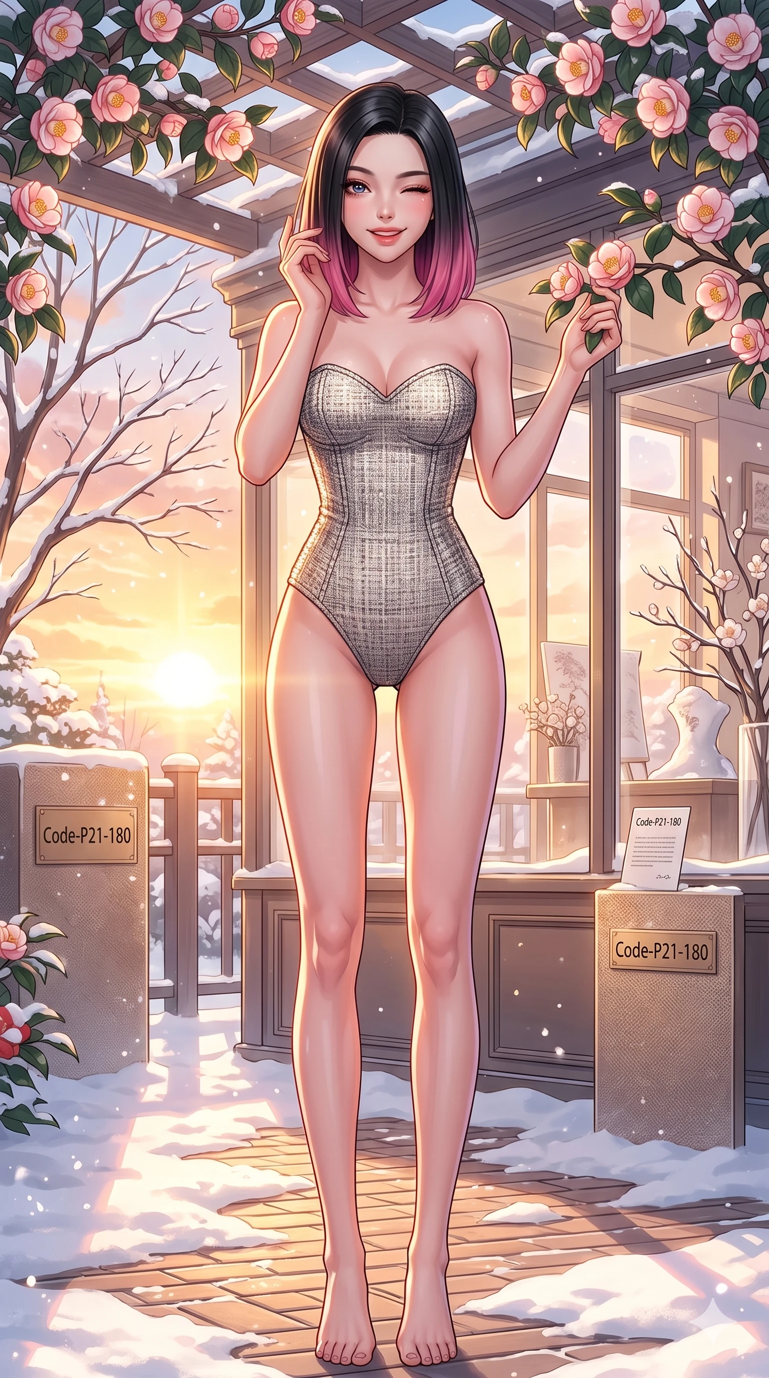 score_9, masterpiece, best quality, ultra-detailed, high-budget anime keyframe, vibrant anime aesthetic, Korean woman. cowboy shot from the thighs up, character and outfit filling the frame for maximum presence. She is standing under winter camellias, winking with a delightful and smiling face in snow inside a bright art atelier with winter display windows (Code-P21-180). She has an absolutely perfect 8-heads proportion, an exceptionally tall and slender female figure with impossibly long slender legs and an ultra-slim waist. V-shaped jawline, high-bridge nose, intricate jewel-like eyes with depth, thick eyelashes, glossy lips with a natural sheen. wearing a structured textured bodice with sweetheart neckline with a sweetheart neckline in winter. She is glowing with warm winter sunset light radiating from the horizon, casting a golden aura. 2k, ultra detail, master piece, 9:16 ratio