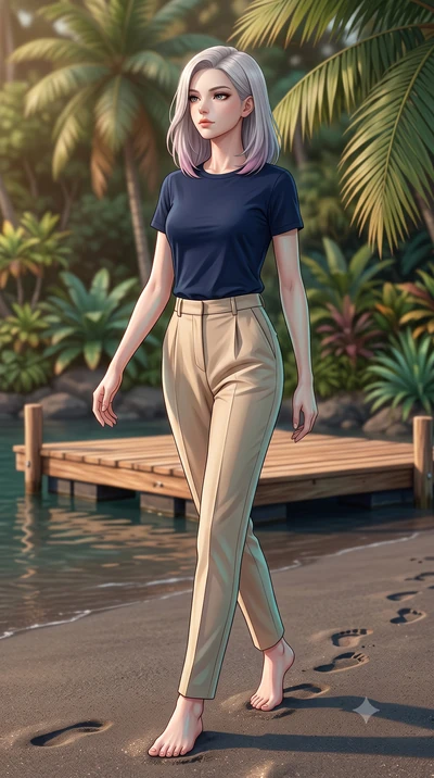 score_9, masterpiece, best quality, ultra-detailed, high-budget anime keyframe, editorial fashion photography, tasteful artistic composition, Caucasian woman woman. low angle full-body shot from head to toe showing her feet, filling the entire 9:16 v