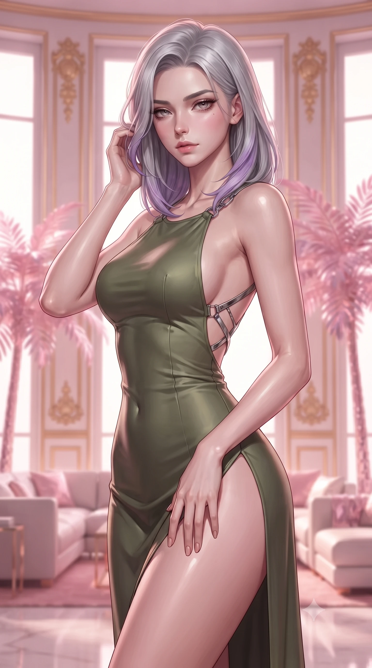 score_9, masterpiece, best quality, ultra-detailed, high-budget anime keyframe, editorial fashion photography, tasteful artistic composition, Caucasian woman. close-up cowboy shot from the waist and thighs up, the character dominates the composition, filling the frame with her large presence, background elements kept in soft focus. gently touching the side of her temple, casting a heavy-lidded, sultry look past the camera, the background shows a soft-focus a sculpture terrace lounge with floor-to-ceiling windows and gold details. She has an exceptionally elegant, slender, and willowy female figure with an ultra-slim waist, a gracefully sculpted slender torso, and a refined silhouette. sharp v-shaped jawline, high-bridge nose, intricate jewel-like eyes with depth, thick eyelashes, glossy lips with a natural sheen. wearing a form-contouring dramatic open-back maxi combat dress in olive green, featuring a high thigh slit and chrome straps. pink holographic palm trees casting a soft, warm glow over the lounge. ultra-reflective glossy finish, specular highlights, metallic sheen, high-contrast stereoscopic depth, volumetric dynamic lighting, 2k, ultra detail, master piece, 9:16 ratio