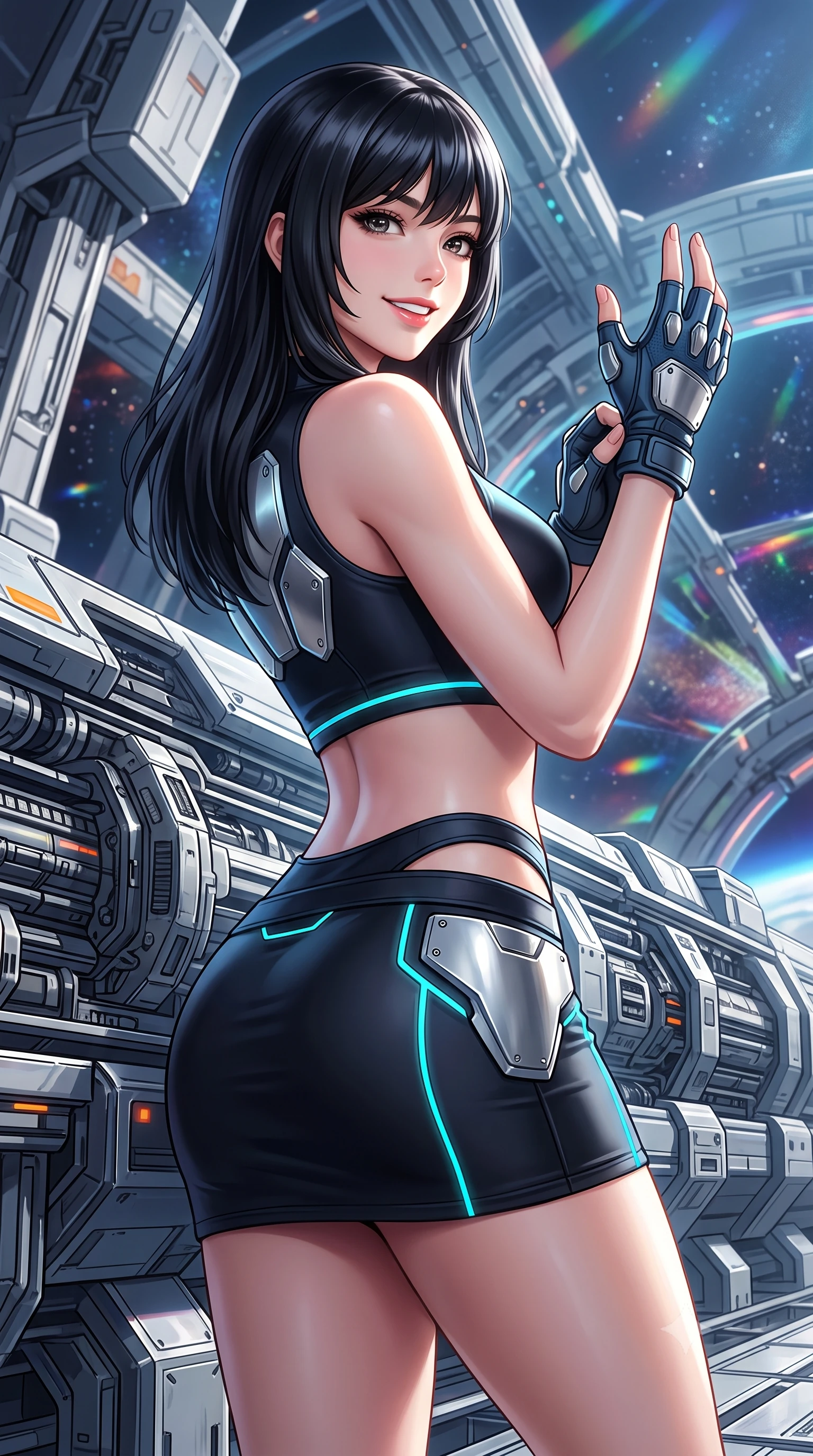 score_9, masterpiece, best quality, ultra-detailed, high-budget anime keyframe, semi-realistic 3D game render, editorial fashion photography, tasteful artistic composition, Caucasian woman. close-up cowboy shot from the waist and thighs up, the character dominates the composition, filling the frame with her large presence. adjusting her tactical glove with cool confidence, her bright smile capturing fresh girlhood charm while her arched torso reveals an intoxicating hip contour while leaning against the massive magnetic acceleration rail with hips cocked back, looking over a bare shoulder with an intoxicating, fearless smile. The surrounding environment is rendered in vivid detail and crisp panoramic clarity: detailed combat suit sheen, cosmic chromatic reflections on armor, and monumental space station engineering in high clarity. She has an exceptionally elegant, slender, and willowy female figure with an ultra-slim waist, flat toned midriff, narrow ribcage, and sculpted feminine hips creating an alluring, slim hourglass silhouette without bulk. sharp v-shaped jawline, high-bridge nose, intricate jewel-like sparkling eyes with depth, thick eyelashes, glossy parted lips with a natural sheen, bright confident smile with an enchanting and coquettish sensual glint, exuding both youthful magnetic charm and sovereign high-tech allure, flawlessly proportioned anatomical accuracy, strict slender model proportions, natural body alignment, perfectly sculpted long slender limbs, ultra-slim waistline, clean dynamic posture without body distortion. wearing a body-hugging modern carbon-alloy crop top paired with a low-rise tactical skirt and a subtle waist cut-out in matte obsidian black and glowing neon cyan trim, tailored from brushed aeronautical titanium alloy with matte satin sheen, accented with strategically placed chrome armor plate guards covering key curves, the aerodynamic second-skin silhouette tightly following the natural contour of her hips and long slender legs with youthful 8.5-heads elegance. illuminated by platform safety beacons and sharp platinum rim lights sculpting her razor-sharp jawline, narrow waist, and curvy hips. highly saturated vibrant anime colors, detailed shading with soft gradients, rich glossy textures, high-contrast stereoscopic depth, volumetric dynamic lighting, master piece, 9:16 ratio