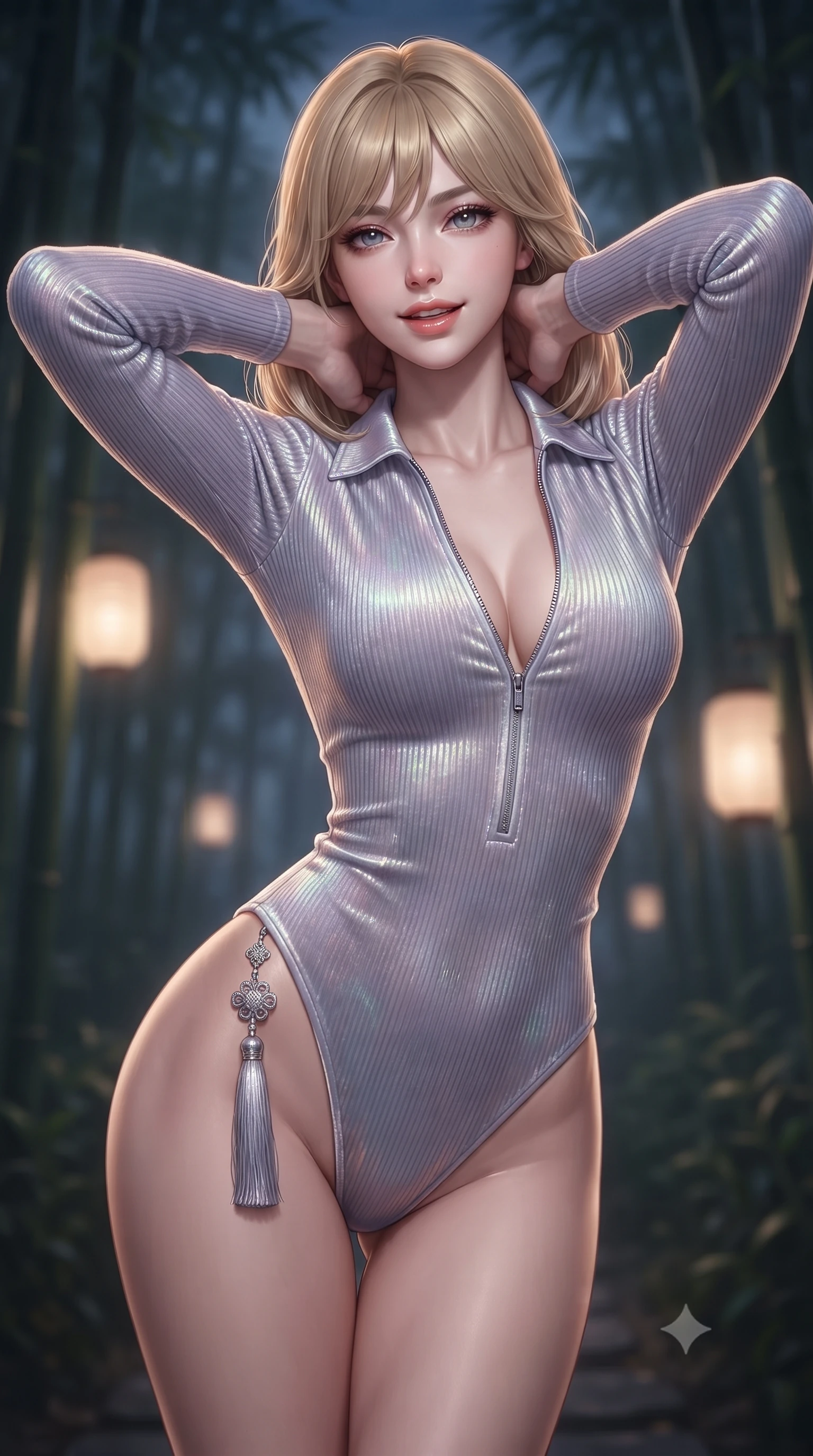 score_9, masterpiece, best quality, ultra-detailed, high-budget anime keyframe, editorial fashion photography, tasteful artistic composition, Japanese woman. close-up cowboy shot from the waist and thighs up, the character dominates the composition, filling the frame with her large presence. resting both hands lightly behind her neck with elbows raised, arching her spine to highlight her narrow waist, flat midriff, and breathtaking collarbones while twisting her slender torso in an alluring S-curve, dappled silver moonlight tracing her form-fitting outfit and curvaceous hips. The background shows a soft-focus faint paper lanterns glowing softly between bamboo groves softened in intimate nocturnal shallow focus. She has an exceptionally elegant, slender, and willowy female figure with an ultra-slim waist, flat toned midriff, narrow ribcage, and sculpted feminine hips creating an alluring, slim hourglass silhouette without bulk. sharp v-shaped jawline, high-bridge nose, sparkling eyes with hypnotic seductive depth, thick curled eyelashes, glossy parted lips with a natural dewy peach sheen, alluring bedroom-eyes with an enchanting coquettish smile, exuding magnetic siren charisma and sophisticated glamour, flawlessly proportioned anatomical accuracy, strict slender model proportions, natural body alignment, perfectly sculpted long slender limbs, ultra-slim waistline, clean dynamic posture without body distortion. wearing a retro-chic ribbed knit polo bodysuit with a plunging front zipper and high-cut leg openings in iridescent mother-of-pearl and misty lavender, tailored from ultra-plush velvet with rich tactile depth and deep shadow gradients, accented with an intricate silver norigae tassel swaying gracefully along her curving hip line, the form-contouring silhouette accentuating her sculpted flat midriff, narrow delicate ribcage, and gracefully curvy hips with intoxicating allure. illuminated by soft lantern warm fill and sharp silvery rim lighting defining her collarbones, flat midriff, and curvaceous hips. ultra-reflective glossy finish, specular highlights, rich textural contrasts, high-contrast stereoscopic depth, volumetric dynamic lighting, 2k, ultra detail, master piece, 9:16 ratio