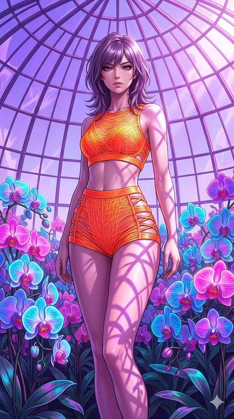 score_9, masterpiece, best quality, ultra-detailed, high-budget anime keyframe, editorial fashion photography, tasteful artistic composition, Japanese woman. cowboy shot from the thighs up, character and outfit filling the frame for maximum editorial presence. standing among tropical neon orchids, looking at the viewer with an air of superiority in a futuristic greenhouse under a dome of purple glass (Code-P16-180). She has an absolutely perfect 8-heads proportion, an exceptionally tall and slender female figure with impossibly long slender legs and an ultra-slim waist. V-shaped jawline, high-bridge nose, intricate jewel-like eyes with depth, thick eyelashes, glossy lips with a natural sheen. wearing a neon orange filament crop top and high-waisted shorts with side cutout straps. drenched in brilliant morning sunshine, casting violet-pink patterns on her skin. 2k, ultra detail, master piece, 9:16 ratio