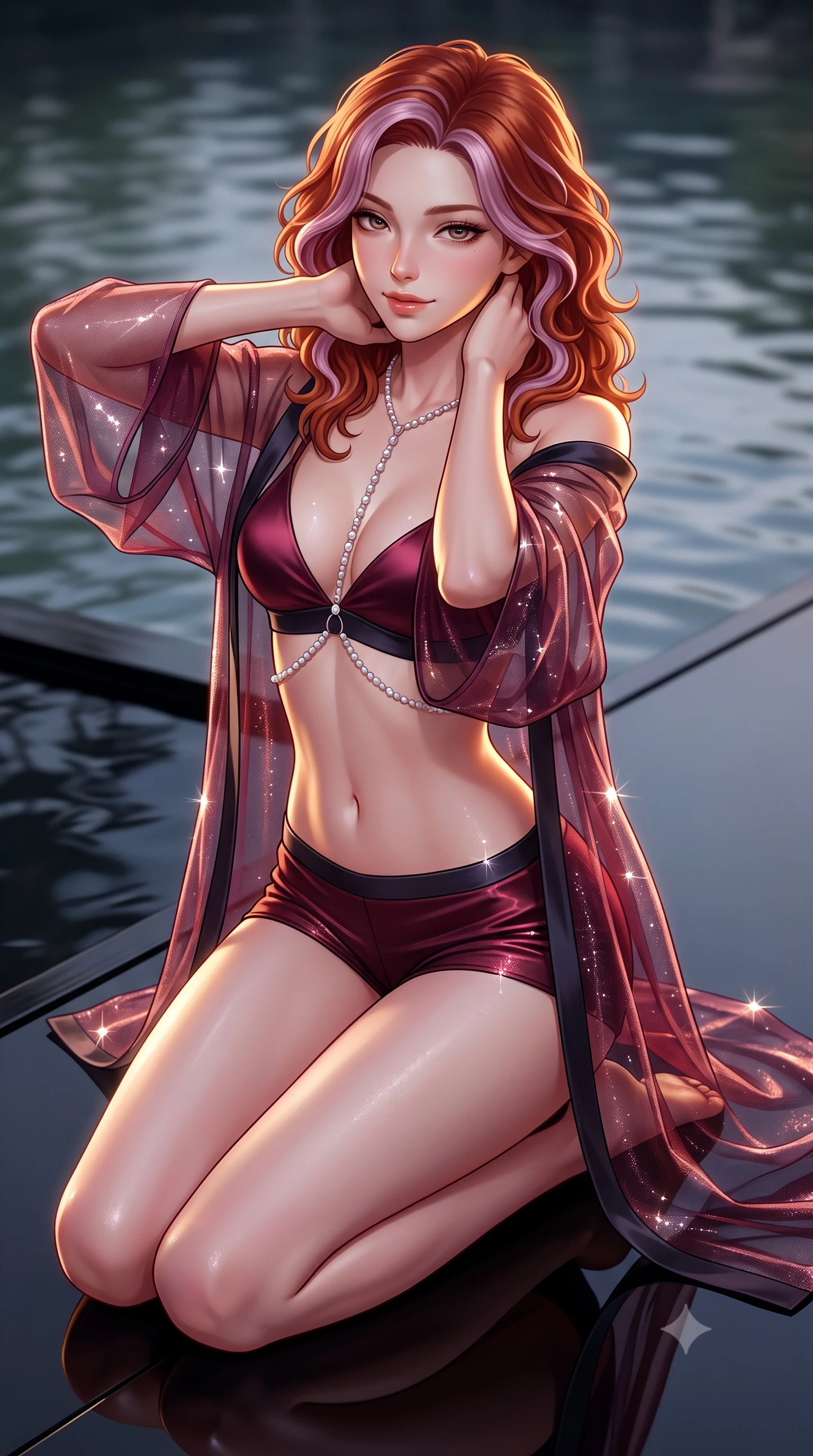 score_9, masterpiece, best quality, ultra-detailed, high-budget anime keyframe, semi-realistic 3D game render, editorial fashion photography, tasteful artistic composition, Caucasian woman. close-up cowboy shot from the waist and thighs up, the character dominates the composition, filling the frame with her large presence. resting both hands lightly behind her neck with elbows raised, arching her spine to highlight her narrow waist, flat midriff, and breathtaking collarbones while kneeling gracefully on the mirror-finish black lacquer engawa veranda, arching her lower back to accentuate her curvy hips beside the dark reflecting pond. The background shows a soft-focus gentle pond water ripples softened in avant-garde neo-traditional shallow focus. She has an exceptionally elegant, slender, and willowy female figure with an ultra-slim waist, flat toned midriff, narrow ribcage, and sculpted feminine hips creating an alluring, slim hourglass silhouette without bulk. sharp v-shaped jawline, high-bridge nose, sparkling eyes with hypnotic seductive depth, thick curled eyelashes, glossy parted lips with a natural dewy peach sheen, alluring bedroom-eyes with an enchanting coquettish smile, exuding magnetic siren charisma and sophisticated glamour, flawlessly proportioned anatomical accuracy, strict slender model proportions, natural body alignment, perfectly sculpted long slender limbs, ultra-slim waistline, clean dynamic posture without body distortion. wearing a sheer silk organza modern kimono robe worn loose and slipping off bare shoulders over a matching satin bralette and micro-shorts in Gion dark cherry and midnight obsidian, woven from stretch metallic lurex jersey casting radiant starlight glints across her silhouette, accented with a pearl-drop body harness subtly framing her dewy collarbones and spine, the form-contouring silhouette accentuating her sculpted flat midriff, narrow delicate ribcage, and gracefully curvy hips with intoxicating allure. illuminated by lacquer floor reflection fill and sharp warm-gold rim lights sculpting her jawline, flat midriff, and voluptuous hip curves. highly saturated vibrant anime colors, detailed shading with soft gradients, rich glossy textures, high-contrast stereoscopic depth, volumetric dynamic lighting, master piece, 9:16 ratio