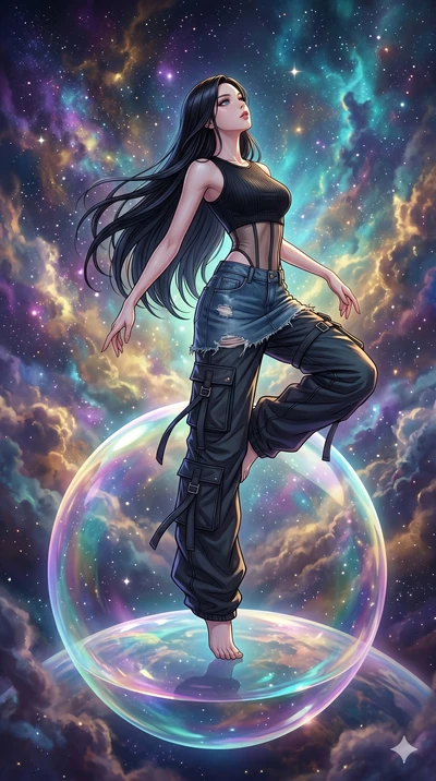 score_9, masterpiece, best quality, ultra-detailed, high-budget anime movie keyframe, cinematic anime lighting, intricate line art, Korean anime girl. Dynamic full-body shot stretching the vertical silhouette with extreme perspective. dancing on the 