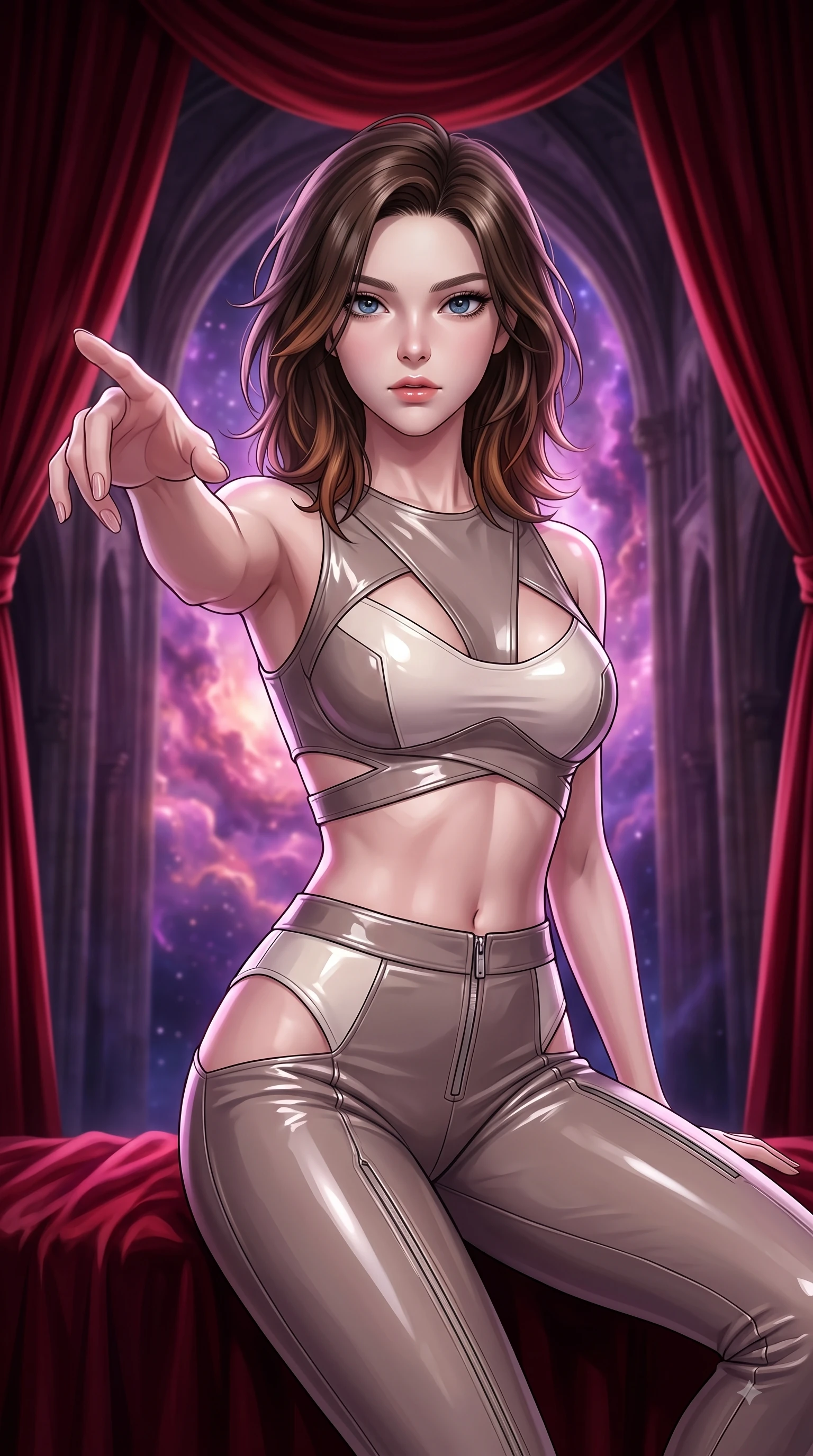 score_9, masterpiece, best quality, ultra-detailed, high-budget anime keyframe, editorial fashion photography, tasteful artistic composition, Korean woman. close-up cowboy shot from the waist and thighs up, the character dominates the composition, filling the frame with her large presence, background elements kept in soft focus. Reaching one arm gracefully toward the camera with magnetic poise, displaying her statuesque silhouette while sitting in a private opera box draped in crimson velvet, gazing over a swirling cosmic nebula, vivid purple and rose-gold nebula clouds glowing through monumental cathedral arches. She has an exceptionally elegant, slender, and willowy female figure with an ultra-slim waist, a gracefully sculpted slender torso, and a refined silhouette. sharp v-shaped jawline, high-bridge nose, intricate jewel-like eyes with depth, thick eyelashes, glossy lips with a natural sheen, flawlessly proportioned anatomical accuracy, natural body alignment, perfectly sculpted elegant limbs, clean dynamic posture without body distortion. wearing a glossy vinyl crop top and high-waist tailored leggings with sleek zippers in muted taupe and soft ivory, tailored from high-gloss patent leather, featuring clean architectural cutouts along her slender torso, the glove-like fit emphasizing her statuesque silhouette during motion. surrounded by an opulent, dramatic opera box atmosphere with deep chiaroscuro. highly saturated vibrant anime colors, detailed shading with soft gradients, rich glossy textures, high-contrast stereoscopic depth, volumetric dynamic lighting, master piece, 9:16 ratio