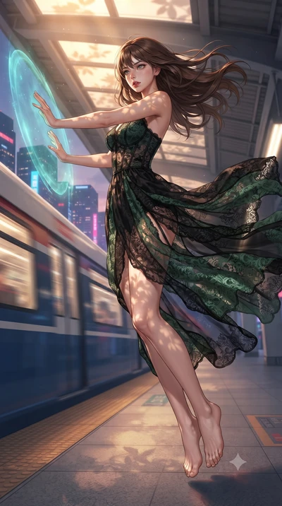 score_9, masterpiece, best quality, ultra-detailed, high-budget anime keyframe, editorial fashion photography, tasteful artistic composition, realistic cosplay photography, Korean woman. low angle full-body shot from head to toe showing her feet, fil