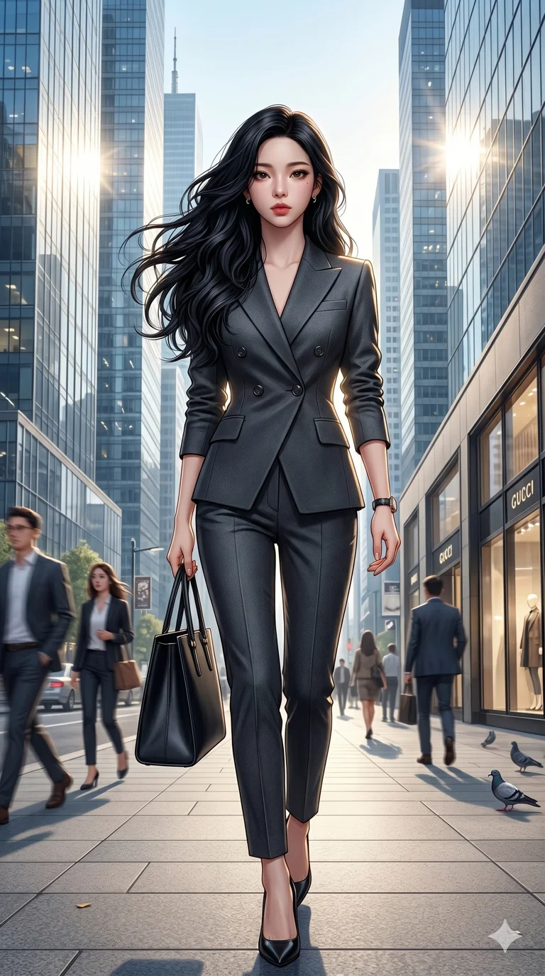 score_9, score_8_up, score_7_up, source_anime, masterpiece, best quality, ultra-detailed, same character with long flowing black hair, wearing a chic tailored designer power pantsuit with high heels, full body shot walking purposefully and confidently down a bustling city sidewalk, modern metropolis, towering glass skyscrapers reflecting sunlight, 2k, 9:16 ratio