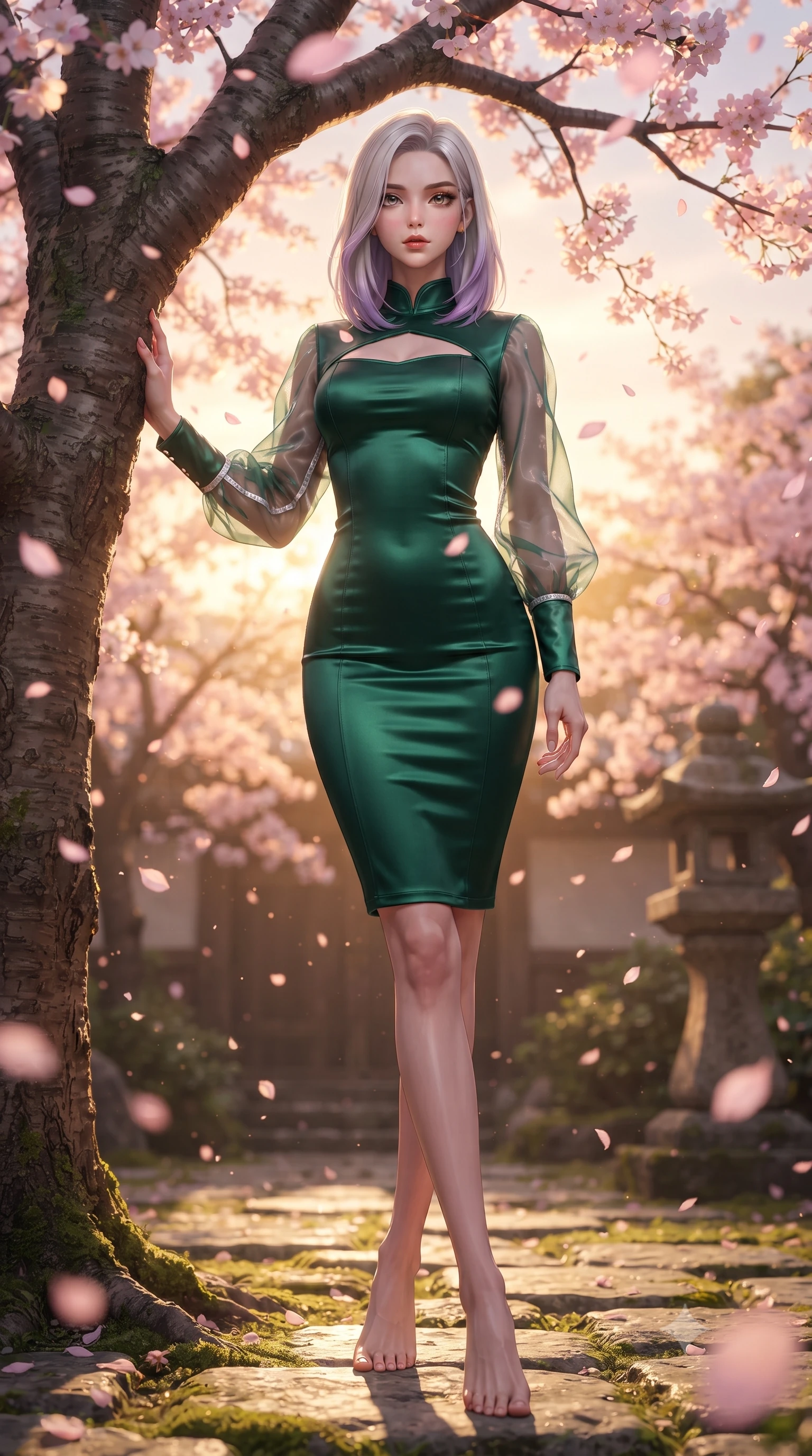 score_9, masterpiece, best quality, ultra-detailed, high-budget anime keyframe, editorial fashion photography, tasteful artistic composition, Caucasian woman. low angle full-body shot from head to toe showing her feet, filling the entire 9:16 vertical frame with her statuesque presence, stretching her vertical silhouette. navigating the luminous space with effortless poise, displaying her perfect model proportions resting against a courtyard cherry blossom tree as pink petals rain softly around her, fluttering cherry blossom petals catching warm golden sunset highlights. She has an absolutely perfect, statuesque 8.5-heads proportion, an exceptionally tall and slender model-like female figure with impossibly long slender legs and an ultra-slim waist. sharp v-shaped jawline, high-bridge nose, intricate jewel-like eyes with depth, thick eyelashes, glossy lips with a natural sheen. wearing a sleek bodycon knit dress with sheer organza sleeve panels in deep emerald green and silver accent, crafted from lustrous satin jersey with fluid draping, accented with a Tasteful chest slit framing her clavicle gracefully, the glove-like fit emphasizing her statuesque silhouette. illuminated by soft glowing evening sunbeams filtering through sakura branches. highly saturated vibrant anime colors, detailed shading with soft gradients, rich glossy textures, high-contrast stereoscopic depth, volumetric dynamic lighting, master piece, 9:16 ratio