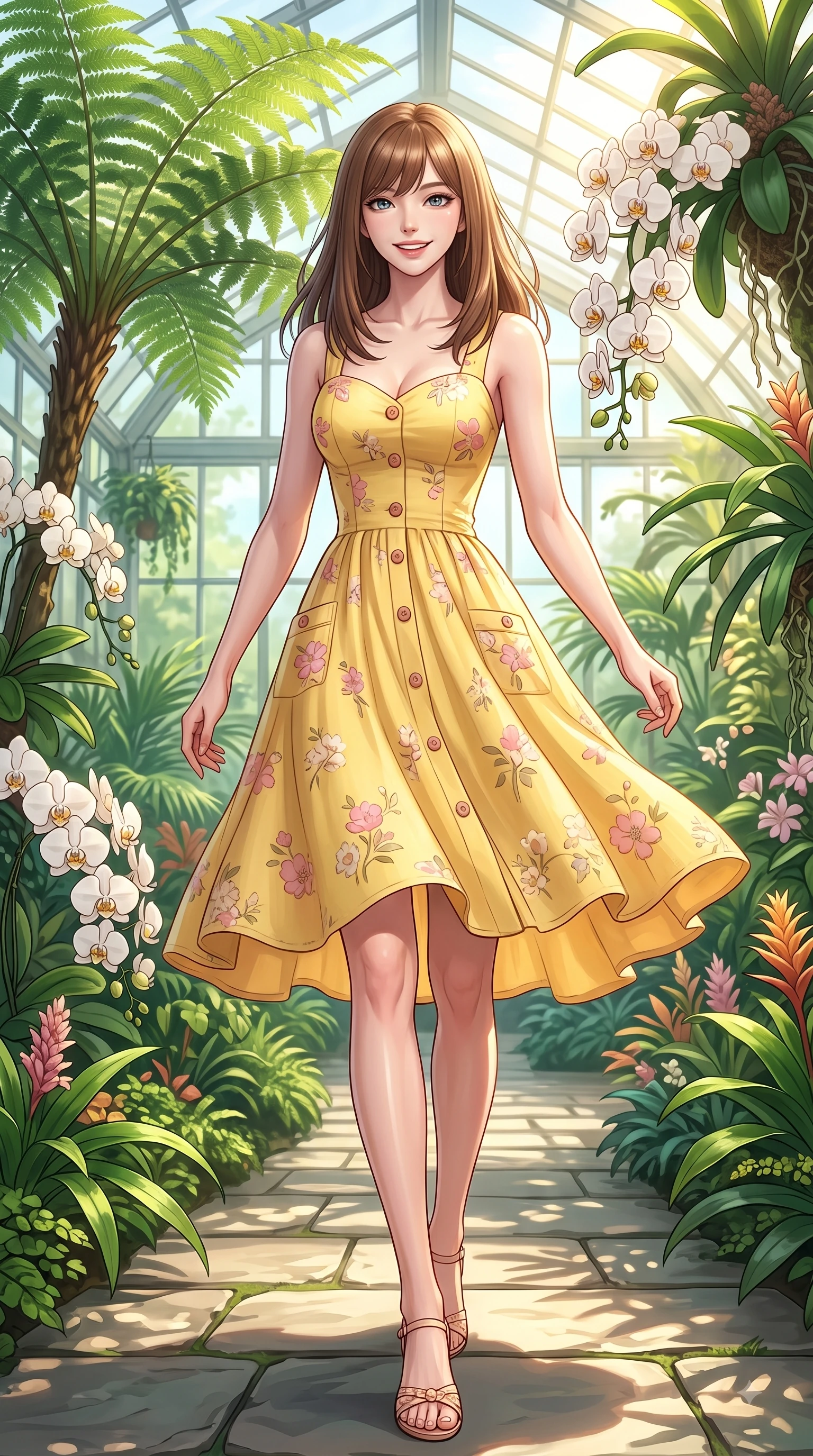 score_9, masterpiece, best quality, ultra-detailed, high-budget anime keyframe, editorial fashion photography, tasteful artistic composition, Korean woman. low angle full-body shot from head to toe showing her feet, filling the entire 9:16 vertical frame with her statuesque presence, stretching her vertical silhouette. pivoting dynamically with a fresh infectious smile, her ultra-slim waist creating a sweeping fluid curve while strolling happily along a stone garden path amidst towering tropical ferns and blooming white orchids. The surrounding environment is rendered in vivid detail and crisp panoramic clarity. rich emerald plant textures and sunlit conservatory walkways showcased with environmental sharpness. She has an absolutely perfect, statuesque 8.5-heads proportion, an exceptionally tall and slender model-like female figure with impossibly long slender legs and an ultra-slim waist. sharp v-shaped jawline, high-bridge nose, intricate jewel-like eyes with depth, thick eyelashes, glossy lips with a natural sheen, flawlessly proportioned anatomical accuracy, natural body alignment, perfectly sculpted elegant limbs, clean dynamic posture without body distortion. wearing a sunny yellow cotton sundress with a sweetheart neckline and wooden button accents in cherry blossom pink and soft beige, crafted from soft breathable linen, finished with neat front wooden buttons and pocket details, the soft airy drape swaying gracefully with her dynamic movements. bathed in bright golden sunlight filtering through conservatory glass panes. highly saturated vibrant anime colors, detailed shading with soft gradients, rich glossy textures, high-contrast stereoscopic depth, volumetric dynamic lighting, master piece, 9:16 ratio