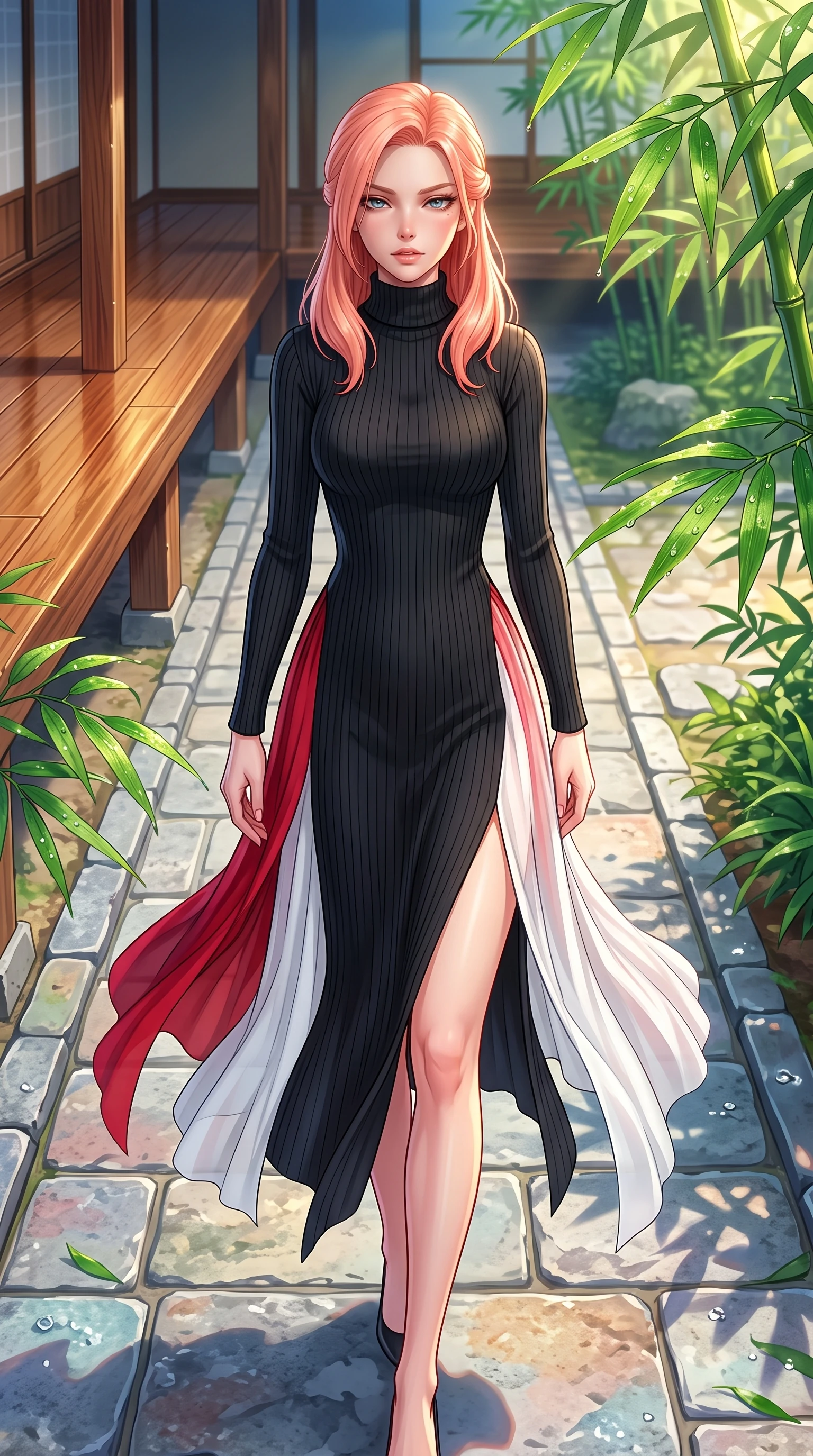 score_9, masterpiece, best quality, ultra-detailed, high-budget anime keyframe, editorial fashion photography, tasteful artistic composition, Japanese woman. close-up cowboy shot from the waist and thighs up, the character dominates the composition, filling the frame with her large presence. Sensual alluring expression with smoldering intensity, half-closed bedroom eyes, and softly parted glossy lips while walking along a stone courtyard path as green bamboo leaves rustle gently around her. The surrounding environment is rendered in vivid detail and crisp panoramic clarity. polished wooden veranda grain, stone courtyard paving, and sunlit bamboo leaves in deep focus. She has an exceptionally elegant, slender, and willowy female figure with an ultra-slim waist, a gracefully sculpted slender torso, and a refined silhouette. sharp v-shaped jawline, high-bridge nose, intricate jewel-like eyes with depth, thick eyelashes, glossy lips with a natural sheen, flawlessly proportioned anatomical accuracy, natural body alignment, perfectly sculpted elegant limbs, clean dynamic posture without body distortion. wearing a chic black ribbed turtleneck knit dress accentuating her slender waist in vibrant crimson red and crisp snow white, woven from fine lightweight chiffon fluttering gracefully, finished with a sleek side slit ascending to mid-thigh, the chic fashion cut framing her graceful clavicle and slender torso. surrounded by a serene, elegant, and heritage fashion editorial aura. highly saturated vibrant anime colors, detailed shading with soft gradients, rich glossy textures, high-contrast stereoscopic depth, volumetric dynamic lighting, master piece, 9:16 ratio