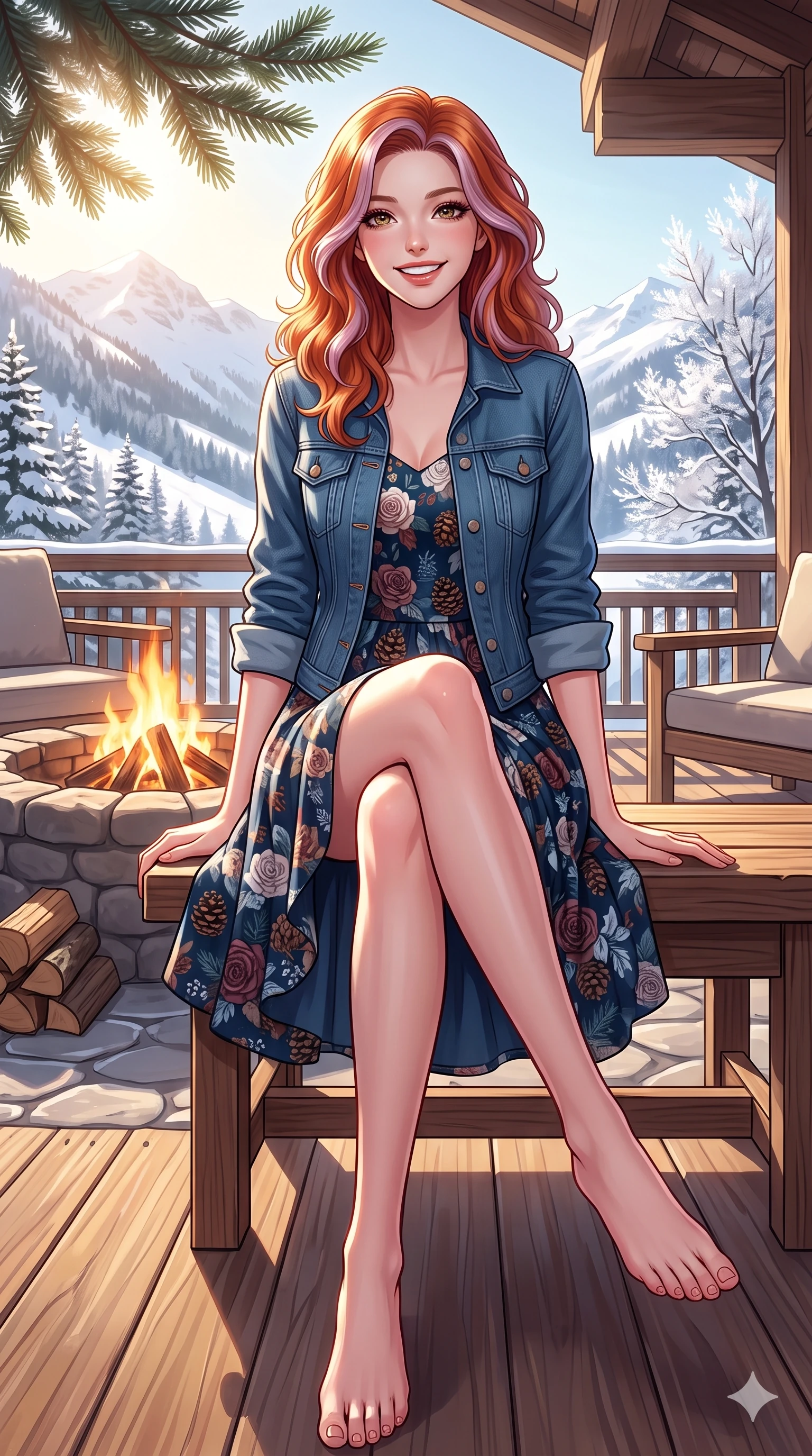score_9, masterpiece, best quality, ultra-detailed, high-budget anime keyframe, vibrant anime aesthetic, Caucasian woman, strictly human ears. low angle full-body shot from head to toe showing her feet, filling the entire 9:16 vertical frame with her statuesque presence, stretching her vertical silhouette. She is sitting on the chalet deck, smiling brightly with a relaxed, happy expression on a private hotel terrace with a warm outdoor fire pit under the sun (Code-P21-028). She has an absolutely perfect 8-heads proportion, an exceptionally tall and slender female figure with impossibly long slender legs and an ultra-slim waist. V-shaped jawline, high-bridge nose, intricate jewel-like eyes with depth, thick eyelashes, glossy lips with a natural sheen. wearing a winter floral dress with puff sleeves and denim jacket. She is drenched in brilliant afternoon winter sunshine, casting patterns of pine leaves over her. 2k, ultra detail, master piece, 9:16 ratio