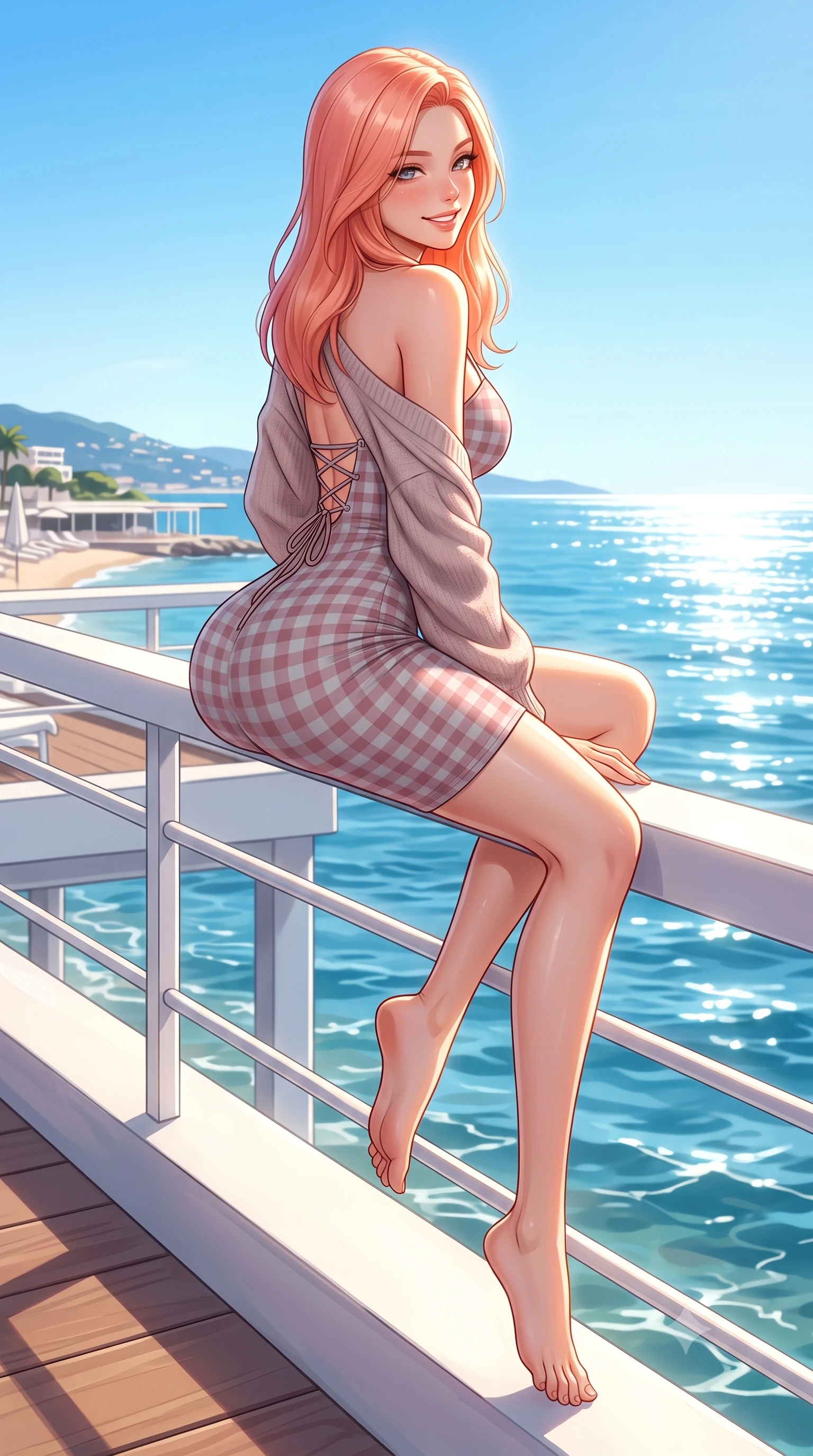 score_9, masterpiece, best quality, ultra-detailed, high-budget anime keyframe, semi-realistic 3D game render, editorial fashion photography, tasteful artistic composition, Japanese woman. low angle full-body shot from head to toe showing her feet, filling the entire 9:16 vertical frame with her statuesque presence, stretching her vertical silhouette. sitting perched on the elevated edge with legs crossed and hips angled toward the camera, displaying her toned midriff and long slender limbs with a joyful, coquettish smile while leaning against the white beach club railing with hips cocked back, looking over her shoulder with an alluring, sun-dazed bedroom-gaze. The surrounding environment is rendered in vivid detail and crisp panoramic clarity. detailed swimwear fabric sheen, golden sun glints on skin, and Cannes coastline clarity in high resolution. She has an exceptionally tall and slender model-like 8.5-heads proportion, an ultra-slim waist, a flat toned midriff, narrow delicate ribcage, and beautifully sculpted feminine hips creating a graceful, slim hourglass silhouette without any bulky heaviness, with impossibly long slender legs. sharp v-shaped jawline, high-bridge nose, intricate jewel-like sparkling eyes with depth, thick eyelashes, glossy parted lips with a natural peach sheen, bright cheerful beaming smile with an enchanting and coquettish sensual glint, exuding both youthful cute charm and seductive allure, flawlessly proportioned anatomical accuracy, strict slender model proportions, natural body alignment, perfectly sculpted long slender limbs, ultra-slim waistline, clean dynamic posture without body distortion. wearing a backless lace-up gingham sundress with a form-fitting bodice and hip-defining silhouette in dusty rose and soft dove grey, crafted from liquid-tight stretch jersey emphasizing every curve, complemented by an oversized soft knit cardigan slipping off one bare shoulder, the liquid-tight tailored fabric clinging flawlessly to her narrow waist and rounded feminine hips, emphasizing every millimeter of her sculpted slim hourglass curves without any bulky heaviness. illuminated by intense specular sea reflections sharply carving her razor-sharp jawline, narrow waist, and curvy hips. highly saturated vibrant anime colors, detailed shading with soft gradients, rich glossy textures, high-contrast stereoscopic depth, volumetric dynamic lighting, master piece, 9:16 ratio