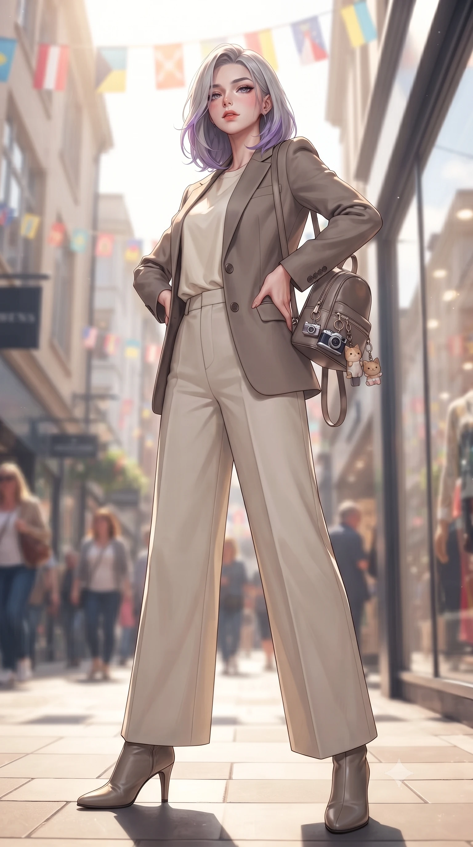 score_9, masterpiece, best quality, ultra-detailed, high-budget anime keyframe, editorial fashion photography, tasteful artistic composition, Caucasian woman. low angle full-body shot from head to toe showing her feet, filling the entire 9:16 vertical frame with her statuesque presence, stretching her vertical silhouette. standing in a captivating power pose, tilting her chin up with a smoldering, bright expression set against a soft-focus background of walking down a pedestrian shopping boulevard with colorful flags overhead holding a cute key ring attached to her small backpack. She has an absolutely perfect, statuesque 8.5-heads proportion, an exceptionally tall and slender model-like female figure with impossibly long slender legs and an ultra-slim waist. sharp v-shaped jawline, high-bridge nose, intricate jewel-like eyes with depth, thick eyelashes, glossy lips with a natural sheen. wearing body-hugging tailored casual blazer in taupe, paired with a loose tee and wide-leg trousers. bright afternoon sunbeams creating sharp reflections on the glass shop windows. ultra-reflective glossy finish, specular highlights, metallic sheen, high-contrast stereoscopic depth, volumetric dynamic lighting, 2k, ultra detail, master piece, 9:16 ratio