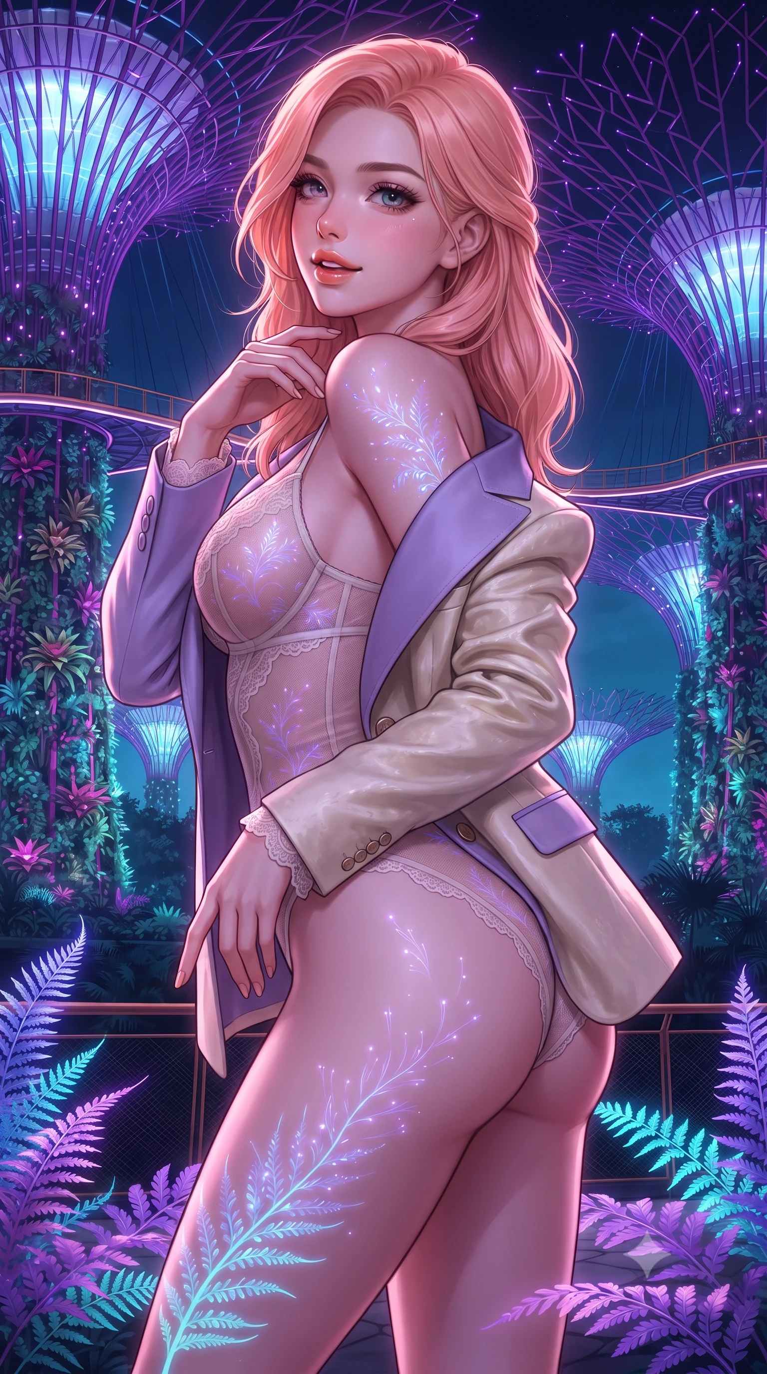 score_9, masterpiece, best quality, ultra-detailed, high-budget anime keyframe, editorial fashion photography, tasteful artistic composition, Japanese woman. close-up cowboy shot from the waist and thighs up, the character dominates the composition, filling the frame with her large presence. posing in an alluring rear three-quarter angle, looking over a bare shoulder with parted glossy lips, her hips cocked back to highlight her slim hourglass curve while twisting her slender torso in an alluring S-curve, glowing violet and cyan fiber-optic ferns casting electric highlights across her flat midriff and hips. The surrounding environment is rendered in vivid detail and crisp panoramic clarity: sharp steel suspension bridge cable weave, living tropical bromeliad leaf textures on supertree trunks, and fiber-optic filament lines in deep focus. She has an exceptionally elegant, slender, and willowy female figure with an ultra-slim waist, flat toned midriff, narrow ribcage, and sculpted feminine hips creating an alluring, slim hourglass silhouette without bulk. sharp v-shaped jawline, high-bridge nose, intricate jewel-like sparkling eyes with depth, thick eyelashes, glossy parted lips with a natural peach sheen, bright cheerful beaming smile with an enchanting and coquettish sensual glint, exuding both youthful cute charm and seductive allure, flawlessly proportioned anatomical accuracy, strict slender model proportions, natural body alignment, perfectly sculpted long slender limbs, ultra-slim waistline, clean dynamic posture without body distortion. wearing a delicate sheer French Chantilly lace teddy layered under an open tailored tuxedo blazer draped over bare shoulders in Luberon lavender purple and Provençal limestone cream, tailored from ultra-plush silk velvet with rich tactile depth and deep shadow gradients, finished with scalloped eyelash lace trim framing her sweetheart neckline with intimate elegance, the high-slit wrap tailoring accentuating her ultra-slim waistline and the enchanting curve of her feminine hips with alluring seductive charm. bathed in the saturated violet-and-cyan 4000K luminescence of Supertree LED light shows mixed with warm skyway pathway glows. ultra-reflective glossy finish, specular highlights, rich textural contrasts, high-contrast stereoscopic depth, volumetric dynamic lighting, 2k, ultra detail, master piece, 9:16 ratio