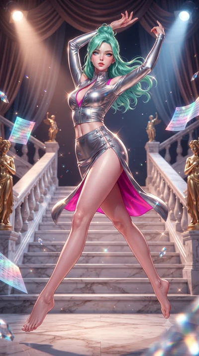 score_9, masterpiece, best quality, ultra-detailed, high-budget anime keyframe, editorial fashion photography, tasteful artistic composition, Japanese woman. low angle full-body shot from head to toe showing her feet, filling the entire 9:16 vertical