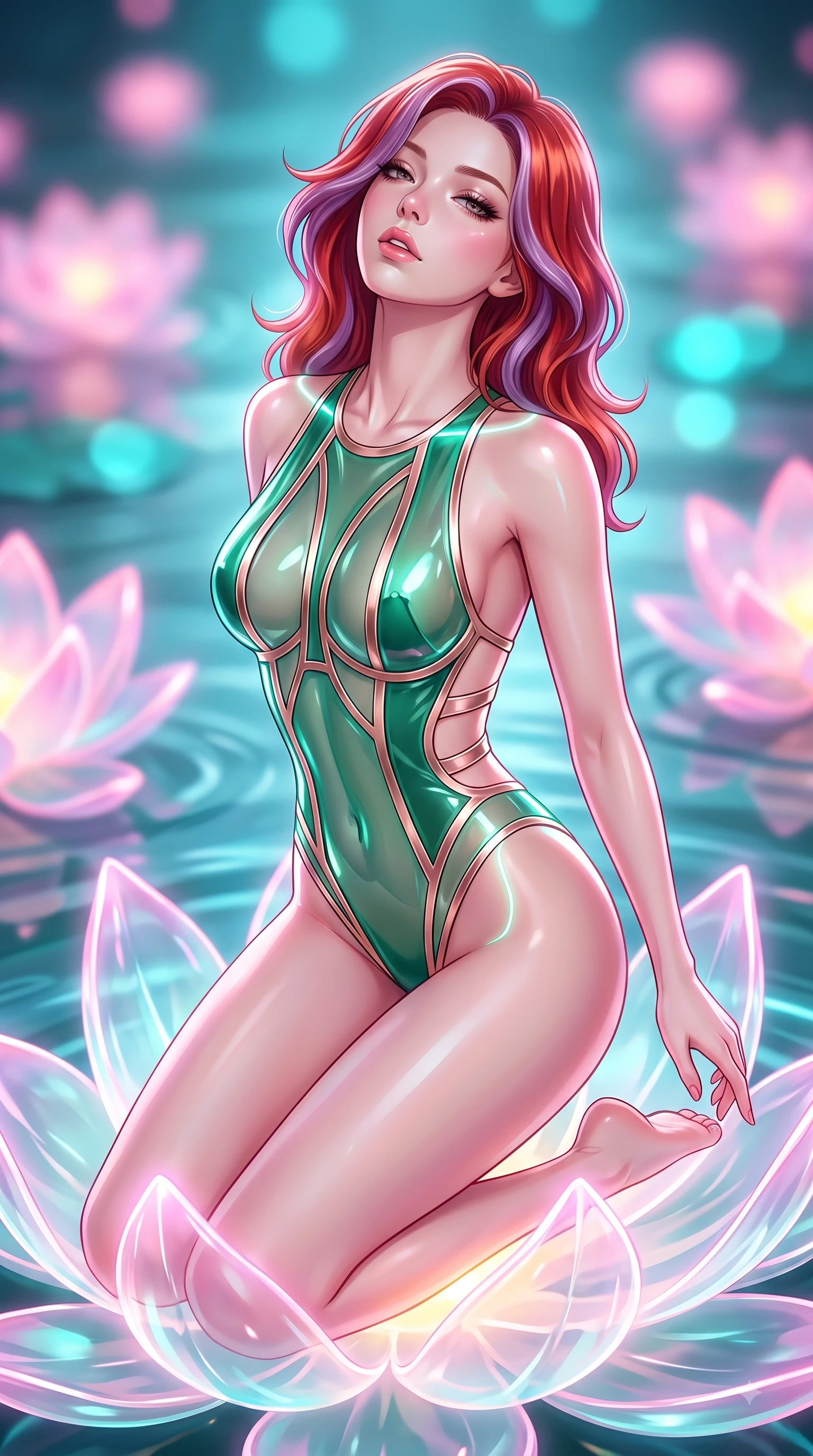 score_9, masterpiece, best quality, ultra-detailed, high-budget anime keyframe, semi-realistic 3D game render, editorial fashion photography, tasteful artistic composition, Caucasian woman. close-up cowboy shot from the waist and thighs up, the character dominates the composition, filling the frame with her large presence. tilting her head back with a sensual alluring expression, exposing her throat and shoulders to the camera with heavy lashes and softly parted glossy lips while kneeling gracefully on a giant glowing glass lotus blossom floating in a tech-temple pond. The composition keeps background elements in soft focus with creamy bokeh. glowing lotus petals and calm tech-temple water ripples blurred into smooth pink and cyan bokeh. She has an exceptionally elegant, slender, and willowy female figure with an ultra-slim waist, a gracefully sculpted slender torso, and a refined silhouette. sharp v-shaped jawline, high-bridge nose, intricate jewel-like eyes with depth, thick eyelashes, glossy lips with a natural sheen, flawlessly proportioned anatomical accuracy, natural body alignment, perfectly sculpted elegant limbs, clean dynamic posture without body distortion. wearing a high-cut translucent vinyl leotard with front paneling, exposed side-rib cutouts, and an open back in emerald green and metallic rose gold trim, crafted from ultra-reflective second-skin latex with a glass-like polish, accented with glowing fiber-optic seams tracing her collarbones and hip curves, the liquid-tight fabric adhering flawlessly to her sculpted torso and slender silhouette. surrounded by an ethereal, sacred, and intensely seductive temple ambiance. highly saturated vibrant anime colors, detailed shading with soft gradients, rich glossy textures, high-contrast stereoscopic depth, volumetric dynamic lighting, master piece, 9:16 ratio