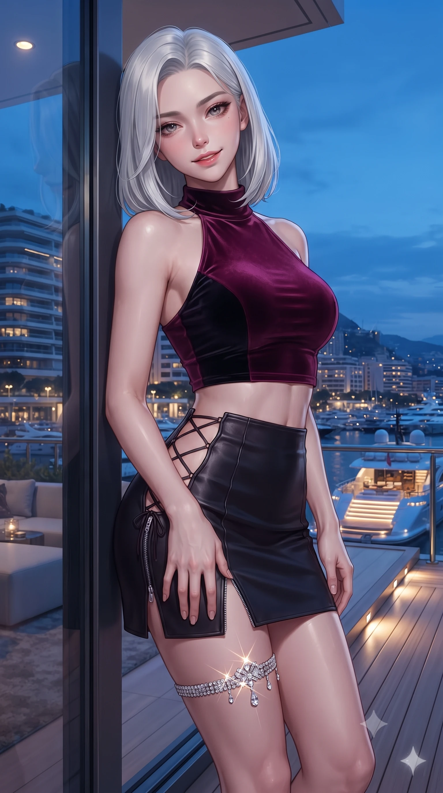 score_9, masterpiece, best quality, ultra-detailed, high-budget anime keyframe, editorial fashion photography, tasteful artistic composition, Korean woman. close-up cowboy shot from the waist and thighs up, the character dominates the composition, filling the frame with her large presence. tilting her head with a teasing half-smile, running one hand slowly down the side of her hip in a flirtatious S-curve as ambient light caresses her silhouette while leaning against the floor-to-ceiling sliding glass doors with hips cocked back, casting an alluring smoldering gaze through falling twilight. The surrounding environment is rendered in vivid detail and crisp panoramic clarity: detailed backless silk halter dress drape, crystal thigh garter shine, and modern Monaco architecture in razor-sharp precision. She has an exceptionally elegant, slender, and willowy female figure with an ultra-slim waist, flat toned midriff, narrow ribcage, and sculpted feminine hips creating an alluring, slim hourglass silhouette without bulk. sharp v-shaped jawline, high-bridge nose, intricate jewel-like sparkling eyes with depth, thick eyelashes, glossy parted lips with a natural peach sheen, bright cheerful beaming smile with an enchanting and coquettish sensual glint, exuding both youthful cute charm and seductive allure, flawlessly proportioned anatomical accuracy, strict slender model proportions, natural body alignment, perfectly sculpted long slender limbs, ultra-slim waistline, clean dynamic posture without body distortion. wearing a high-neck cropped halter top in stretch velvet paired with a high-waisted leather mini skirt with side zip slit in Tokyo neon cyber magenta and glossy obsidian black, woven from stretch metallic lurex jersey casting radiant starlight glints across her curves, featuring fine criss-cross lace-up side ties revealing tantalizing glimpses of her hip curve, the form-contouring silhouette accentuating her sculpted flat midriff, narrow delicate ribcage, and gracefully curvy hips with intoxicating allure. bathed in the dynamic blue-hour sky ambient contrasted with golden harbor lights and yacht deck illumination. ultra-reflective glossy finish, specular highlights, rich textural contrasts, high-contrast stereoscopic depth, volumetric dynamic lighting, 2k, ultra detail, master piece, 9:16 ratio