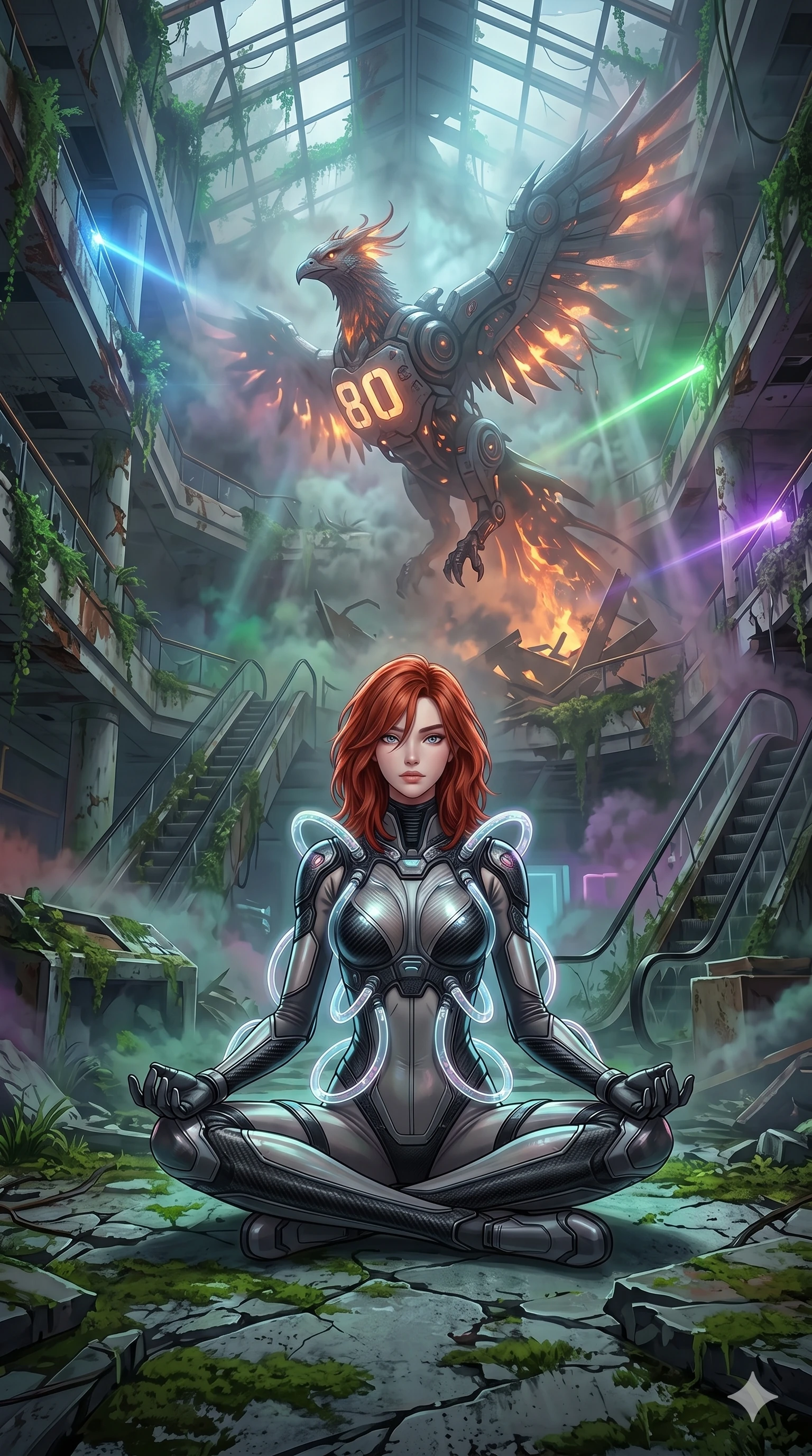 score_9, masterpiece, best quality, ultra-detailed, Set A: High-budget Anime Keyframe, Caucasian (human ears) woman. Low angle cowboy shot filling the entire 9:16 frame with her statuesque presence. Theme: Ethereal Dream. meditating in a ruined overgrown shopping mall, while a mechanical phoenix rises in the background marked 80. The atmosphere is filled with heavy smog with neon flares. She has an absolutely perfect 8-heads proportion, an exceptionally tall and slender female figure with impossibly long slender legs and an ultra-slim waist. Sharp v-shaped jawline, high-bridge nose, intricate jewel-like eyes with depth, glossy lips. Wearing Interstellar pilot suit with glowing oxygen-tubes and a sleek carbon-fiber frame. Cinematic lighting, vivid colors, dramatic shadows, 2k, ultra detail, master piece, 9:16 ratio