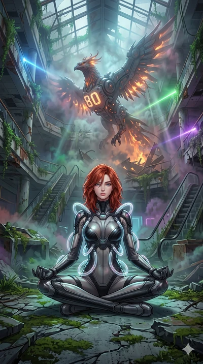 score_9, masterpiece, best quality, ultra-detailed, Set A: High-budget Anime Keyframe, Caucasian (human ears) woman. Low angle cowboy shot filling the entire 9:16 frame with her statuesque presence. Theme: Ethereal Dream. meditating in a ruined overg