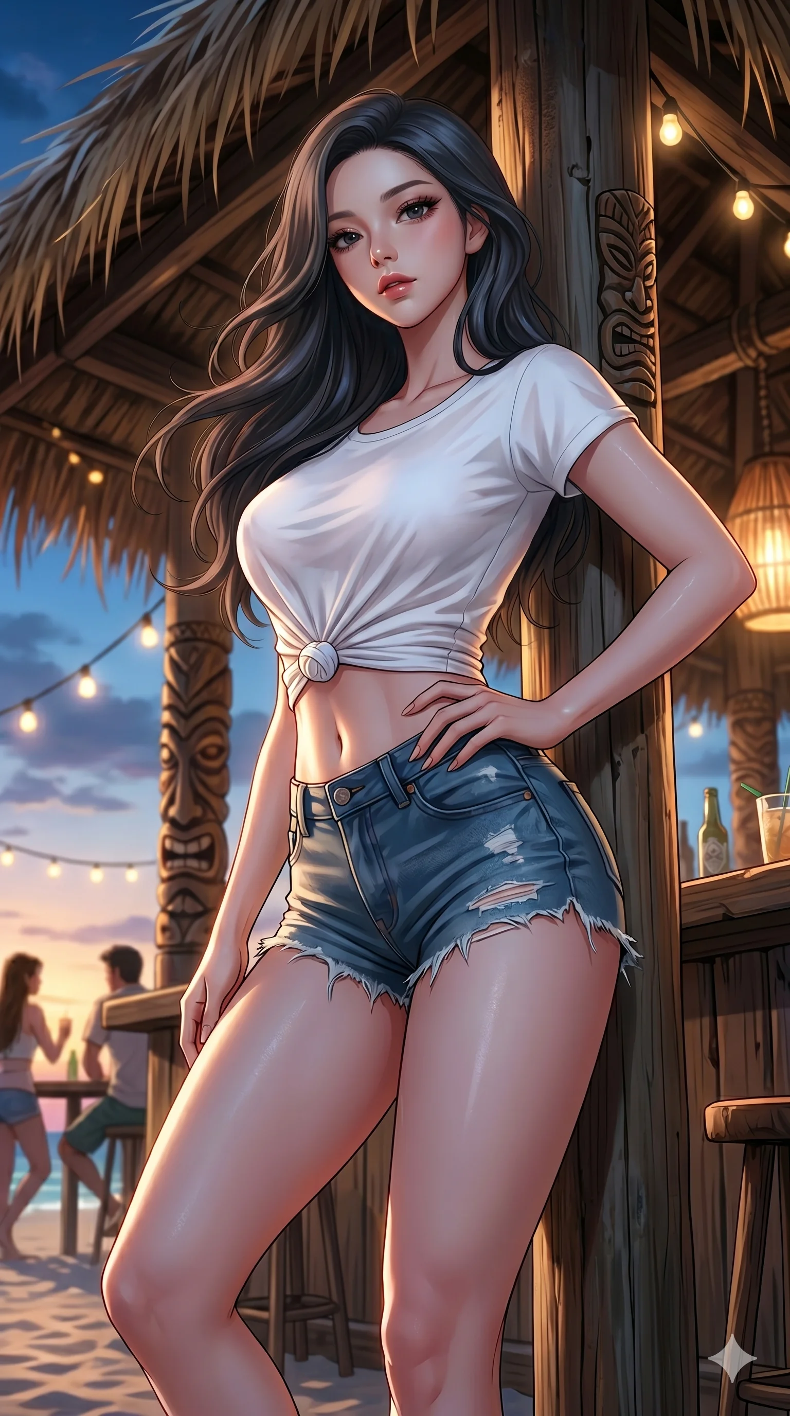 score_9, masterpiece, best quality, ultra-detailed, high-budget anime keyframe portrait, an incredibly beautiful Caucasian anime girl with pale skin anime girl. Low angle cowboy shot filling the frame. She has an absolutely perfect 8-heads proportion, an exceptionally tall female figure with long slender legs and a voluptuous body. Her face is a highly detailed masterpiece featuring a v-shaped jawline, high-bridge nose, intricate jewel-like eyes, thick eyelashes, and glossy lips. She has platinum blonde flowing hair. She is wearing a extremely tight wet white t-shirt tied at the waist, denim cut-off shorts, revealing sensual curves, highlighting her alluring silhouette. Beachside tiki bar, cinematic tropical vibe, dramatic rim lighting, cinematic shadows, 2k, ultra detail, master piece, 9:16 ratio