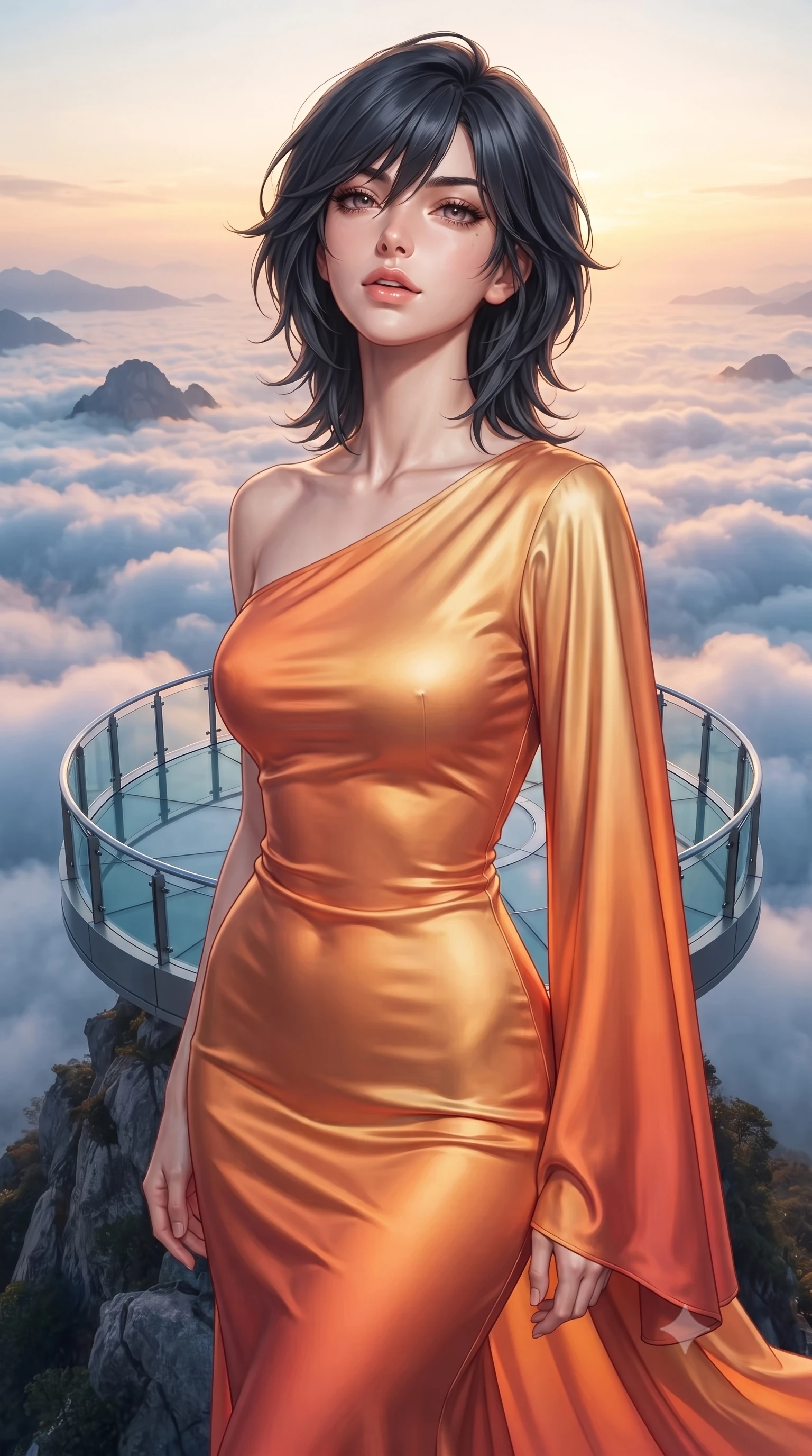 score_9, masterpiece, best quality, ultra-detailed, high-budget anime keyframe, editorial fashion photography, tasteful artistic composition, Caucasian woman, strictly human ears. close-up cowboy shot from the waist and thighs up, the character dominates the composition, filling the frame with her large presence, background elements kept in soft focus. Tilting her chin up slightly with lips parted in a composed expression. set against a soft-focus background of an open circular observation platform jutting out from a mountain peak above the cloud layer at sunrise with the vast white cloud sea stretching to every horizon and distant peaks emerging like islands. She has an exceptionally elegant and slender, willowy female figure with an ultra-slim waist, a gracefully sculpted slender torso, and a refined slim physique. sharp v-shaped jawline, high-bridge nose, intricate jewel-like eyes with depth, thick eyelashes, glossy lips with a natural sheen. wearing a liquid silk charmeuse gown in a sunset gradient of orange and gold, clinging and pooling along her tall, slender silhouette. spectacular sunrise light in warm gold and rose painting the cloud tops with color while cool blue shadow fills the valleys between cloud formations creating dramatic aerial color contrast. 2k, ultra detail, master piece, 9:16 ratio