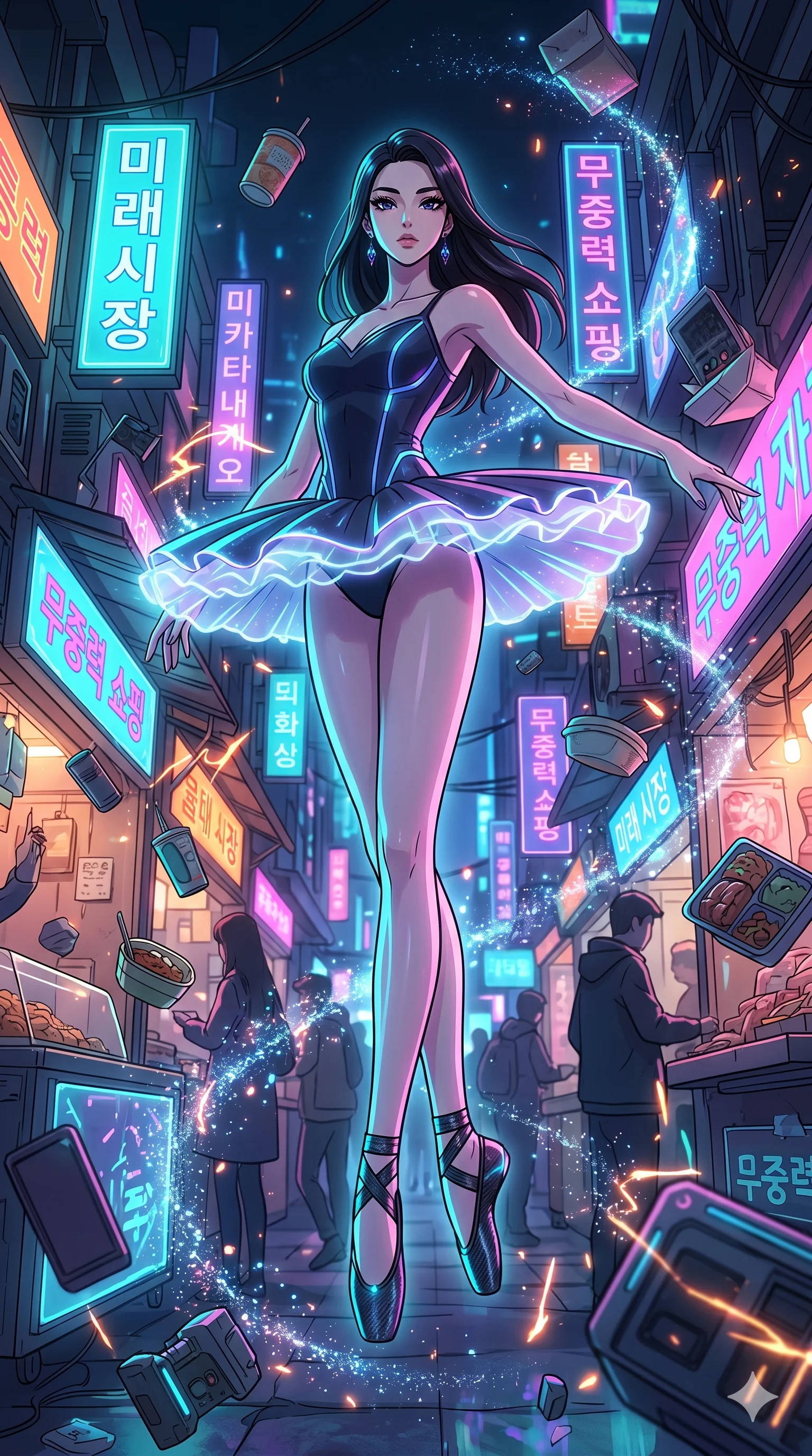 score_9, masterpiece, best quality, ultra-detailed, Set A: High-budget Anime Keyframe, Korean woman. Low angle cowboy shot filling the entire 9:16 frame with her statuesque presence. Floating through a futuristic night market, as gravity fails and everything around her floats in state 276 and surrounded by glowing energy sparks. She has an absolutely perfect 8-heads proportion, an exceptionally tall and slender female figure with impossibly long slender legs and an ultra-slim waist. Sharp v-shaped jawline, high-bridge nose, intricate jewel-like eyes with depth, thick eyelashes, glossy lips with a natural sheen. Wearing Futuristic ballet outfit with a glowing tutu and carbon-fiber pointe shoes. Cinematic lighting, vibrant colors, dramatic shadows, 2k, ultra detail, master piece, 9:16 ratio