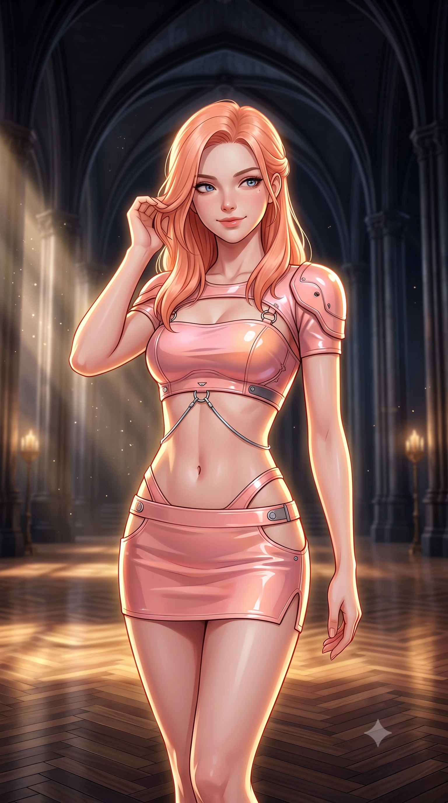 score_9, masterpiece, best quality, ultra-detailed, high-budget anime keyframe, semi-realistic 3D game render, editorial fashion photography, tasteful artistic composition, Japanese woman. close-up cowboy shot from the waist and thighs up, the character dominates the composition, filling the frame with her large presence. gently brushing a lock of hair behind her ear while casting a playful, flirtatious side-gaze with long eyelashes while standing poised at the center of the monumental gothic-sci-fi throne room beneath soaring obsidian rib vaults, arching her lower back with sovereign diva charisma. The background shows a soft-focus golden dust motes shimmering in spotlight beams softened in grand star-fortress cathedral shallow focus. She has an exceptionally elegant, slender, and willowy female figure with an ultra-slim waist, flat toned midriff, narrow ribcage, and sculpted feminine hips creating an alluring, slim hourglass silhouette without bulk. sharp v-shaped jawline, high-bridge nose, intricate jewel-like sparkling eyes with depth, thick eyelashes, glossy parted lips with a natural peach sheen, bright cheerful beaming smile with an enchanting and coquettish sensual glint, exuding both youthful cute charm and seductive allure, flawlessly proportioned anatomical accuracy, strict slender model proportions, natural body alignment, perfectly sculpted long slender limbs, ultra-slim waistline, clean dynamic posture without body distortion. wearing an ultra-cropped tactical tech-wear bandeau top with molded shoulder armor paired with a micro mini skirt revealing her flat toned midriff in Solaris liquid rose-quartz and alien peach, adorned with delicate chrome ring hardware and cutouts along her slender waist, accented with a chrome-drop body harness subtly framing her dewy collarbones and spine, the impeccably tailored cut draping gracefully along her slender figure with aristocratic poise. illuminated by polished parquet reflection bounce and sharp gold-plasma rim lights sculpting her jawline, narrow waist, and curvy hips. highly saturated vibrant anime colors, detailed shading with soft gradients, rich glossy textures, high-contrast stereoscopic depth, volumetric dynamic lighting, master piece, 9:16 ratio