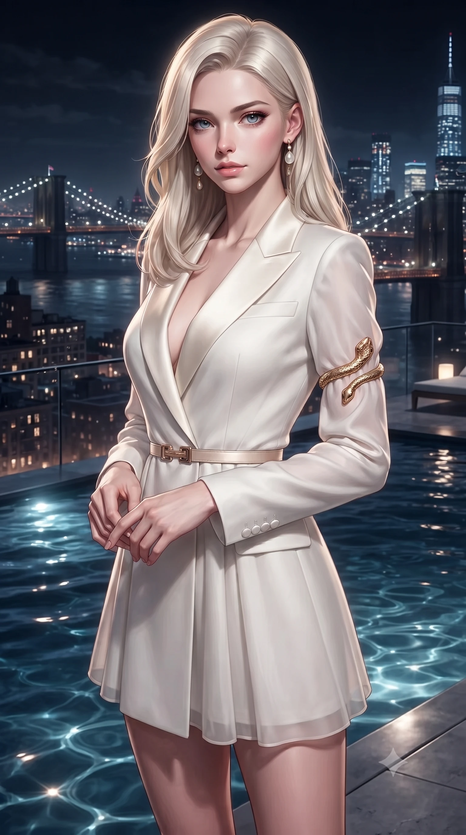 score_9, masterpiece, best quality, ultra-detailed, high-budget anime keyframe, editorial fashion photography, tasteful artistic composition, Caucasian woman. close-up cowboy shot from the waist and thighs up, the character dominates the composition, filling the frame with her large presence. holding her hands loosely in front with regal, aristocratic poise, radiating an overwhelming high-society aura while pivoting gracefully beside an infinity pool as midnight city lights shimmer across the water's surface. The surrounding environment is rendered in vivid detail and crisp panoramic clarity. detailed skyscraper skyline panoramas, distant suspension bridges, and pool water ripples in high resolution. She has an exceptionally elegant, slender, and willowy female figure with an ultra-slim waist, a gracefully sculpted slender torso, toned flat midriff, and a refined slim silhouette. sharp v-shaped jawline, high-bridge nose, intricate jewel-like eyes with depth, thick eyelashes, glossy lips with a natural sheen, captivating and magnetic expression, flawlessly proportioned anatomical accuracy, strict slender model proportions, natural body alignment, perfectly sculpted long slender limbs, ultra-slim waistline, clean dynamic posture without body distortion. wearing a tailored royal white tuxedo jacket dress with silk satin lapels and a slim gold-buckle belt in champagne ivory and delicate rose gold, woven from airy multi-layered silk chiffon with a weightless drape, accented with a sculptured gold serpent armlet and pearl drop earrings, the form-contouring material adhering flawlessly to her sculpted flat midriff and slender torso, emphasizing her long leg lines and perfectly proportioned willowy build. surrounded by a cosmopolitan, elite, and intensely magnetic modern royalty aura. ultra-reflective glossy finish, specular highlights, rich textural contrasts, high-contrast stereoscopic depth, volumetric dynamic lighting, 2k, ultra detail, master piece, 9:16 ratio