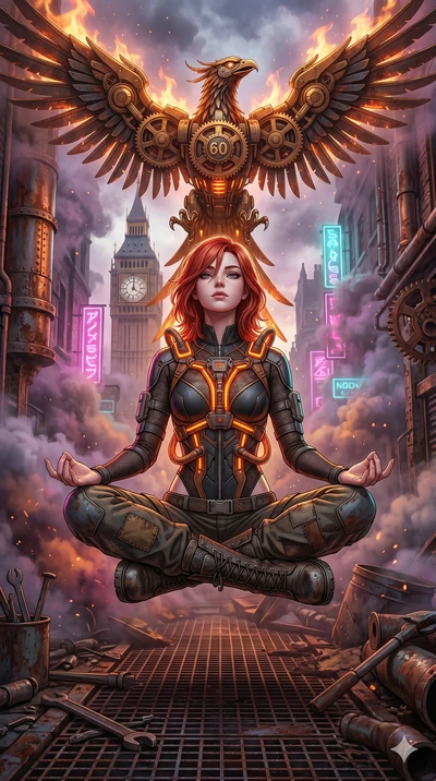 score_9, masterpiece, best quality, ultra-detailed, Set A: High-budget Anime Keyframe, Caucasian (human ears) woman. Low angle cowboy shot filling the entire 9:16 frame with her statuesque presence. Theme: Urban Decay. meditating in a steampunk Londo