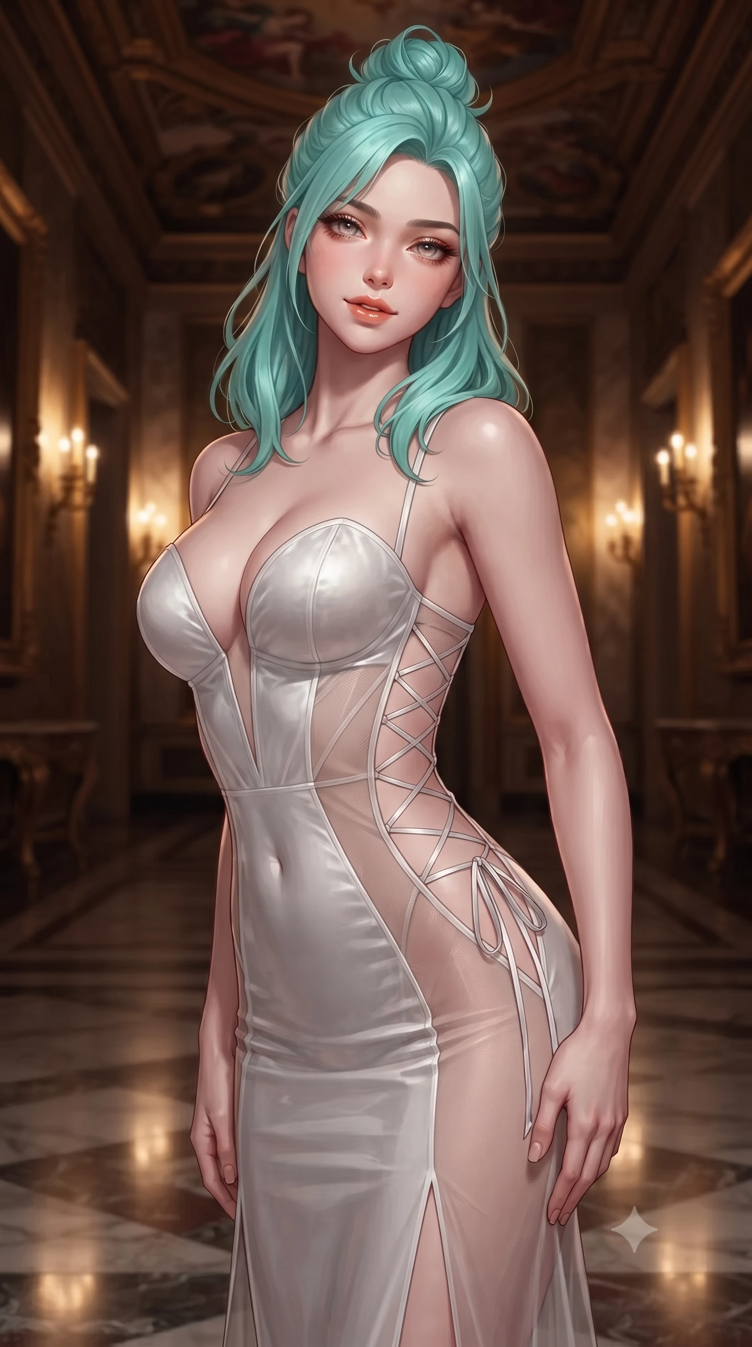 score_9, masterpiece, best quality, ultra-detailed, high-budget anime keyframe, editorial fashion photography, tasteful artistic composition, Japanese woman. close-up cowboy shot from the waist and thighs up, the character dominates the composition, filling the frame with her large presence. tilting her head with a teasing half-smile, running one hand slowly down the side of her hip in a flirtatious S-curve as ambient light caresses her silhouette while twisting her slender torso in an alluring contrapposto stance on the mirror-polished marble floor, golden sconce reflections tracing her narrow waist and hips. The background shows a soft-focus dense gallery walls of gilded Renaissance frames, painted Pietro da Cortona ceiling frescoes, and heavy crimson silk damask blurred into ruby, ivory, and gold bokeh. She has an exceptionally elegant, slender, and willowy female figure with an ultra-slim waist, flat toned midriff, narrow ribcage, and sculpted feminine hips creating an alluring, slim hourglass silhouette without bulk. sharp v-shaped jawline, high-bridge nose, intricate jewel-like sparkling eyes with depth, thick eyelashes, glossy parted lips with a natural peach sheen, bright cheerful beaming smile with an enchanting and coquettish sensual glint, exuding both youthful cute charm and seductive allure, flawlessly proportioned anatomical accuracy, strict slender model proportions, natural body alignment, perfectly sculpted long slender limbs, ultra-slim waistline, clean dynamic posture without body distortion. wearing an alluring plunging sweetheart bustier dress with sheer mesh side-waist cutouts contouring her ribs in pure translucent crystal white and liquid platinum, featuring strategic sheer-illusion tulle side panels framing her ribcage and hips, featuring fine criss-cross lace-up side ties revealing tantalizing glimpses of her hip curve, the bespoke structured tailoring following the natural line of her 8.5-heads silhouette with refined elegance. bathed in the warm intimate 2500K golden illumination of wall candelabra sconces dimmed to an evening gala ambiance. ultra-reflective glossy finish, specular highlights, rich textural contrasts, high-contrast stereoscopic depth, volumetric dynamic lighting, 2k, ultra detail, master piece, 9:16 ratio