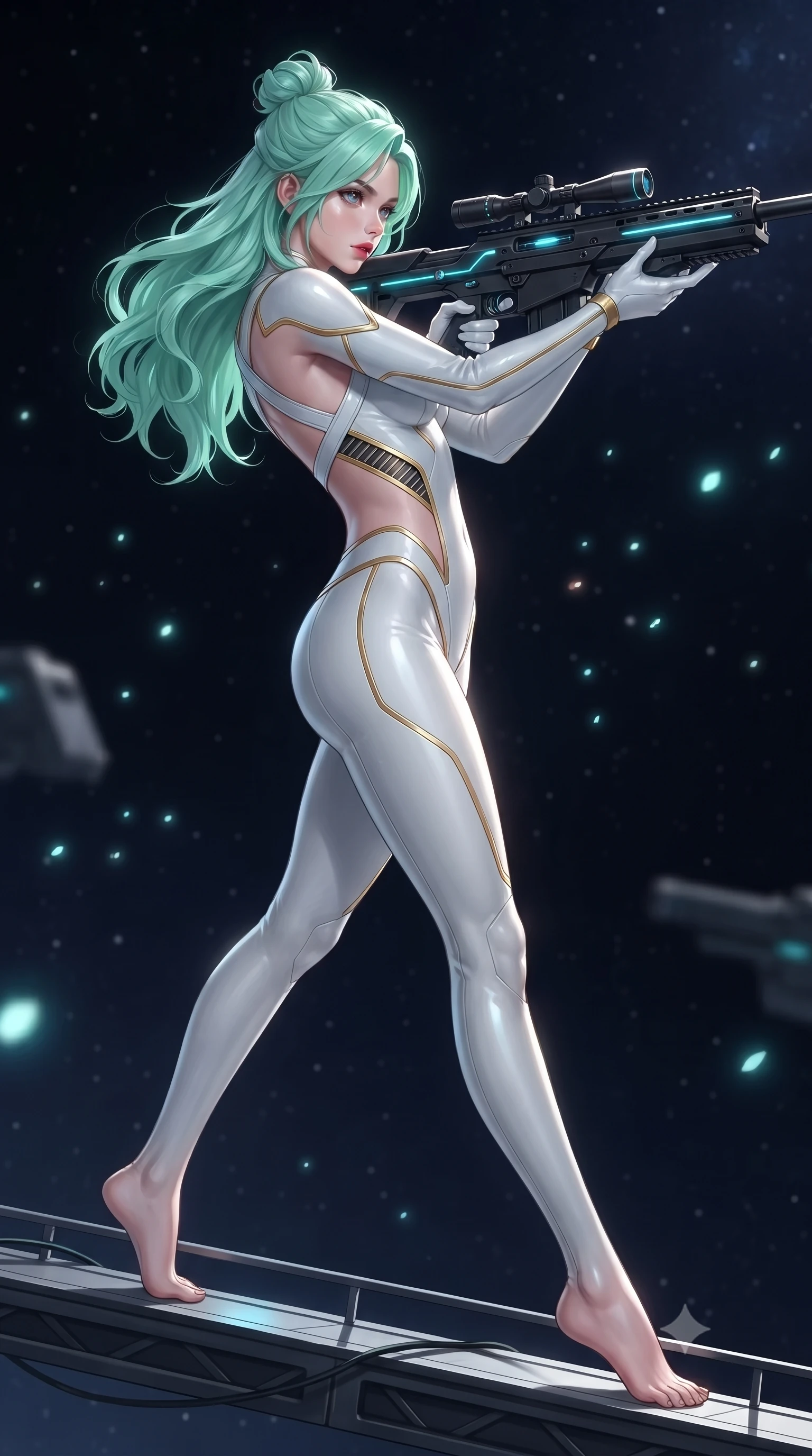 score_9, masterpiece, best quality, ultra-detailed, high-budget anime keyframe, editorial fashion photography, tasteful artistic composition, Japanese woman. low angle full-body shot from head to toe showing her feet, filling the entire 9:16 vertical frame with her statuesque presence, stretching her vertical silhouette. arching her spine in a fluid zero-gravity combat turn with sovereign grace, her long slender legs and sculpted torso creating a sweeping line of power while stepping along a suspended gantry extending into the starry void with sniper rifle held in a relaxed, sovereign posture. The composition keeps background elements in soft focus with creamy bokeh. distant starlight and railgun charging LED coils scattering soft glowing light motes across a deep space backdrop. She has an absolutely perfect, statuesque 8.5-heads proportion, an exceptionally tall and slender model-like female figure with impossibly long slender legs, a toned flat midriff, and an ultra-slim waist. sharp v-shaped jawline, high-bridge nose, intricate jewel-like eyes with depth, thick eyelashes, glossy lips with a natural sheen, flawlessly proportioned anatomical accuracy, strict slender model proportions, natural body alignment, perfectly sculpted long slender limbs, ultra-slim waistline, clean dynamic posture without body distortion. wearing a form-contouring arctic white carbon-composite battle-suit with solar gold trim and diagonal midriff vents, aiming a precision carbon-fiber railgun sniper rifle with divine focus in matte obsidian carbon black with electric cyan conduits, made of lightweight aerodynamic carbon-titanium alloy with polished edge bevels, complemented by criss-cross back harness straps highlighting her completely bare spine, the form-contouring material adhering flawlessly to her sculpted flat midriff and slender torso, emphasizing her long leg lines and perfectly proportioned willowy build. illuminated by glowing cyan rifle charging lights and sharp specular highlights tracing her slender curves. ultra-reflective glossy finish, specular highlights, dark metallic sheen, high-contrast stereoscopic depth, volumetric dynamic lighting, 2k, ultra detail, master piece, 9:16 ratio