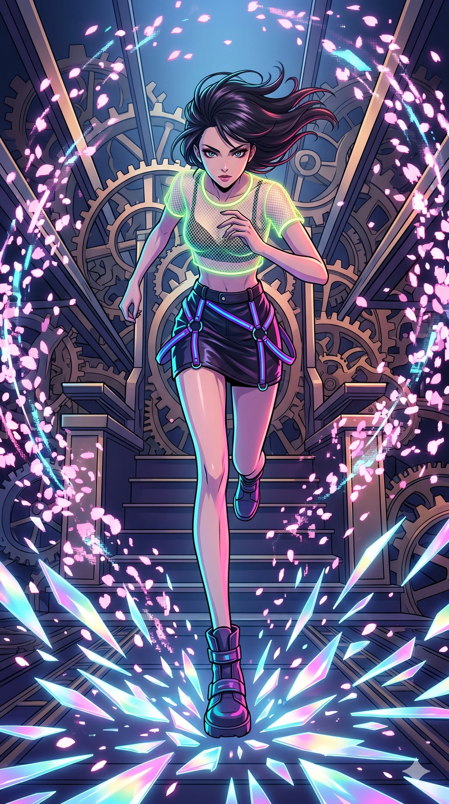 score_9, masterpiece, best quality, ultra-detailed, Set A: High-budget Anime Keyframe, Japanese woman. Low angle cowboy shot filling the entire 9:16 frame with her statuesque presence. Sprinting through a throne of gears, as the ground beneath her turns into 91 shards of light and surrounded by digital sakura petals. She has an absolutely perfect 8-heads proportion, an exceptionally tall and slender female figure with impossibly long slender legs and an ultra-slim waist. Sharp v-shaped jawline, high-bridge nose, intricate jewel-like eyes with depth, thick eyelashes, glossy lips with a natural sheen. Wearing Fluorescent mesh top with a leather mini-skirt and neon-lit harness details. Cinematic lighting, vibrant colors, dramatic shadows, 2k, ultra detail, master piece, 9:16 ratio