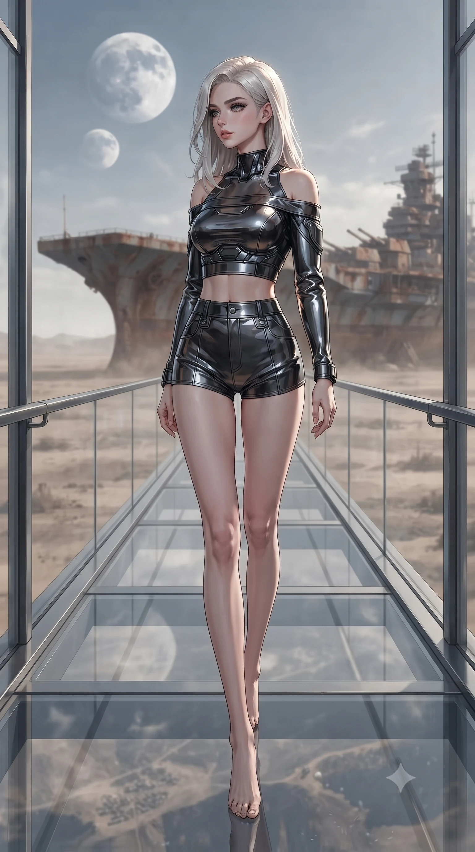 score_9, masterpiece, best quality, ultra-detailed, high-budget anime keyframe, editorial fashion photography, tasteful artistic composition, Caucasian woman. low angle full-body shot from head to toe showing her feet, filling the entire 9:16 vertical frame with her statuesque presence, stretching her vertical silhouette. walking slowly along a glass skybridge, looking back over her shoulder with an air of effortless grace, the background shows a soft-focus a rusted battleship deck parked on a dry dusty plain under two moons. She has an absolutely perfect, statuesque 8.5-heads proportion, an exceptionally tall and slender model-like female figure with impossibly long slender legs and an ultra-slim waist. sharp v-shaped jawline, high-bridge nose, intricate jewel-like eyes with depth, thick eyelashes, glossy lips with a natural sheen. wearing a tailored chic off-shoulder carbon-plate crop top, paired with high-waisted utility micro-shorts. cool silver moonlight casting high-contrast chiaroscuro shadows on her gear. ultra-reflective glossy finish, specular highlights, metallic sheen, high-contrast stereoscopic depth, volumetric dynamic lighting, 2k, ultra detail, master piece, 9:16 ratio