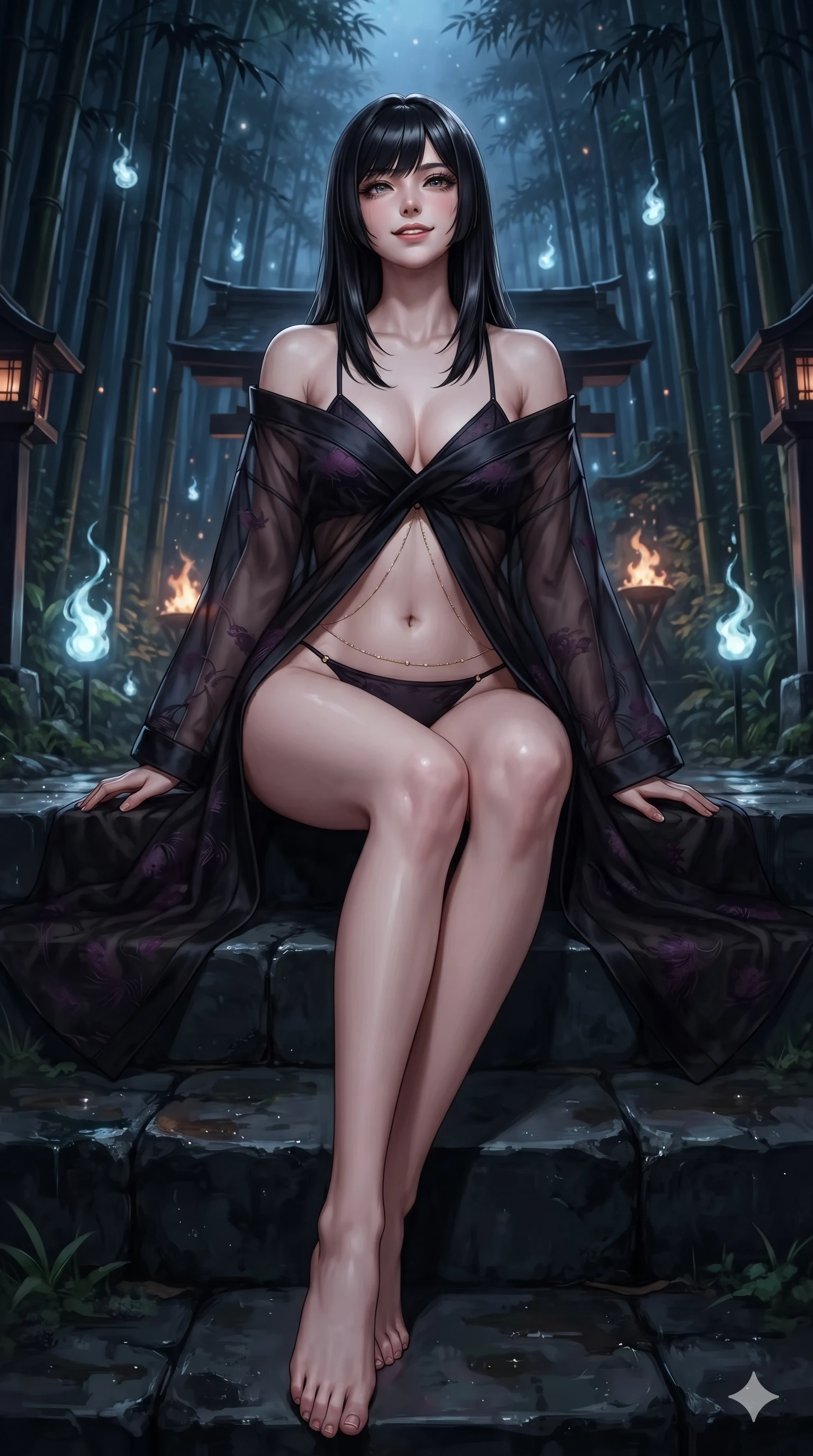 score_9, masterpiece, best quality, ultra-detailed, high-budget anime keyframe, editorial fashion photography, tasteful artistic composition, Caucasian woman. low angle full-body shot from head to toe showing her feet, filling the entire 9:16 vertical frame with her statuesque presence, stretching her vertical silhouette. sitting poised on the dark stone steps with one knee bent, arching her spine with supermodel elegance as she glances upward through thick eyelashes while twisting her slender torso in an alluring S-curve among towering black bamboo groves, floating spirit lights dancing across her curves. The background shows a soft-focus mystical Japanese forest shrine softened in spiritual nocturnal shallow focus. She has an absolutely perfect, statuesque 8.5-heads proportion, an exceptionally tall and slender model-like female figure with impossibly long slender legs, an ultra-slim waist, a flat toned midriff, narrow delicate ribcage, and beautifully sculpted feminine hips creating a graceful, slim hourglass silhouette without any bulky heaviness. sharp v-shaped jawline, high-bridge nose, intricate jewel-like dark sparkling eyes with hypnotic seductive depth, thick curled eyelashes, glossy parted lips with a natural wine sheen, alluring bedroom-eyes with an enigmatic smoldering smile, exuding magnetic sovereign charisma and dark avant-garde glamour, flawlessly proportioned anatomical accuracy, strict slender model proportions, natural body alignment, perfectly sculpted long slender limbs, ultra-slim waistline, clean dynamic posture without body distortion. wearing a sheer gossamer organza evening kimono slipping off bare shoulders over a matching satin micro-bralette and briefs in obsidian black and dark plum violet, crafted from layered gossamer black organza with weightless, smoky flutter, accented with a dainty gold belly chain resting across her flat midriff and curving hips, the bespoke structured tailoring following the natural line of her 8.5-heads silhouette with refined elegance. surrounded by a mysterious dark spiritual aura with sharp edge lighting and pale blue floating spirit fires. ultra-reflective glossy finish, specular highlights, metallic sheen, high-contrast stereoscopic depth, volumetric dynamic lighting, 2k, ultra detail, master piece, 9:16 ratio