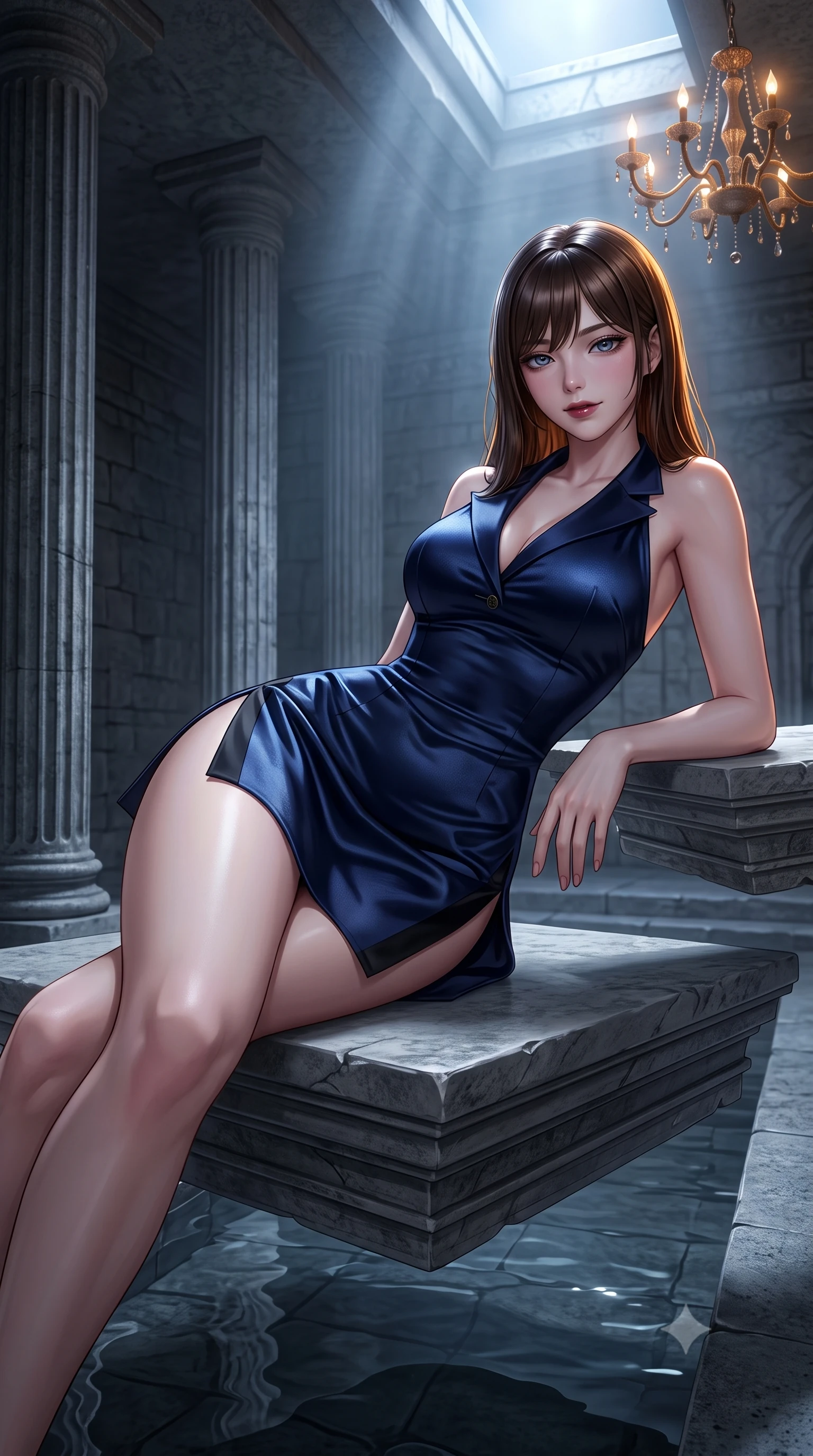 score_9, masterpiece, best quality, ultra-detailed, high-budget anime keyframe, semi-realistic 3D game render, editorial fashion photography, tasteful artistic composition, Korean woman. close-up cowboy shot from the waist and thighs up, the character dominates the composition, filling the frame with her large presence. turning slowly with a smoldering smile, her glossy dark hair catching the amber chandelier rim light as her hips angle gracefully in a captivating contrapposto while reclining languidly on a floating stone plinth propped on one elbow, her long slender legs and hourglass curves commanding the frame with dark allure. The surrounding environment is rendered in vivid detail and crisp panoramic clarity. sharp fluted basalt column textures, razor-thin water reflection surface tension, and smooth granite stone edges in deep focus. She has an exceptionally elegant, slender, and willowy female figure with an ultra-slim waist, flat toned midriff, narrow ribcage, and sculpted feminine hips creating an alluring, slim hourglass silhouette without bulk. sharp v-shaped jawline, high-bridge nose, intricate jewel-like dark sparkling eyes with dangerous depth, thick curled eyelashes, glossy parted lips with a rich wine sheen, smoldering seductive half-smile with bedroom-eyes, exuding effortless superiority and intoxicating dark allure, flawlessly proportioned anatomical accuracy, strict slender model proportions, natural body alignment, perfectly sculpted long slender limbs, ultra-slim waistline, clean dynamic posture without body distortion. wearing a modern tailored cheongsam mini dress in midnight navy jacquard silk with dramatic side hip slits in pure obsidian monochrome with subtle metallic sheen, crafted from heavy fluid silk satin with a liquid mirror-like drape, finished with sharp tailored peak lapels and subtle horn button accents, the form-fitting cut adhering flawlessly to her sculpted flat midriff and slender torso, emphasizing her long leg lines and perfectly proportioned willowy build. bathed in cold silvery moonlight filtered from a dramatic high skylight opening. highly saturated vibrant anime colors, detailed shading with soft gradients, rich glossy textures, high-contrast stereoscopic depth, volumetric dynamic lighting, master piece, 9:16 ratio