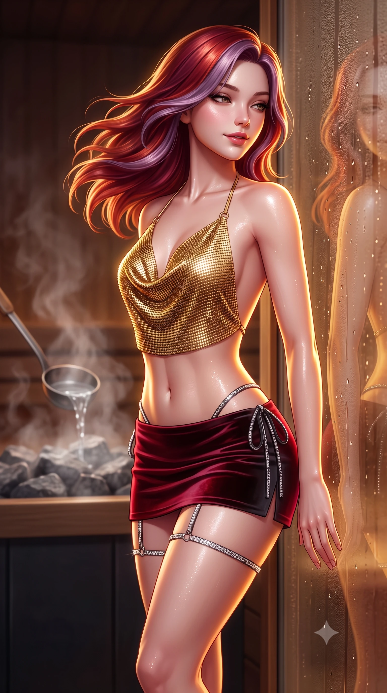 score_9, masterpiece, best quality, ultra-detailed, high-budget anime keyframe, semi-realistic 3D game render, editorial fashion photography, tasteful artistic composition, Caucasian woman. close-up cowboy shot from the waist and thighs up, the character dominates the composition, filling the frame with her large presence. turning slowly with an enchanting smoldering smile, her glossy hair tossing in the breeze as her hips angle gracefully in a captivating contrapposto while leaning against the warm insulated glass pane with hips cocked back, looking through condensation beads with an irresistible, heavy-lidded bedroom-gaze. The background shows a soft-focus steaming water ladled onto hot sauna rocks softened in Nordic wellness shallow focus. She has an exceptionally elegant, slender, and willowy female figure with an ultra-slim waist, flat toned midriff, narrow ribcage, and sculpted feminine hips creating an alluring, slim hourglass silhouette without bulk. sharp v-shaped jawline, high-bridge nose, sparkling eyes with hypnotic seductive depth, thick curled eyelashes, glossy parted lips with a natural dewy peach sheen, alluring bedroom-eyes with an enchanting coquettish smile, exuding magnetic siren charisma and sophisticated glamour, flawlessly proportioned anatomical accuracy, strict slender model proportions, natural body alignment, perfectly sculpted long slender limbs, ultra-slim waistline, clean dynamic posture without body distortion. wearing a liquid gold chainmail cowl halter top paired with an ultra-low-rise velvet mini skirt and side rhinestone ties in rich cherry lacquer and smoky charcoal, tailored from fine structural neoprene with crisp architectural edges and smooth contouring, finished with delicate crystal-encrusted thigh garter straps glinting in the dim light, the precision-cut side openings and low-back scoop framing her graceful spine and the sensual sweep of her slim, toned hips. illuminated by dewy skin specular highlights and sharp golden-amber rim lights sculpting her jawline, narrow waist, and feminine hips. highly saturated vibrant anime colors, detailed shading with soft gradients, rich glossy textures, high-contrast stereoscopic depth, volumetric dynamic lighting, master piece, 9:16 ratio