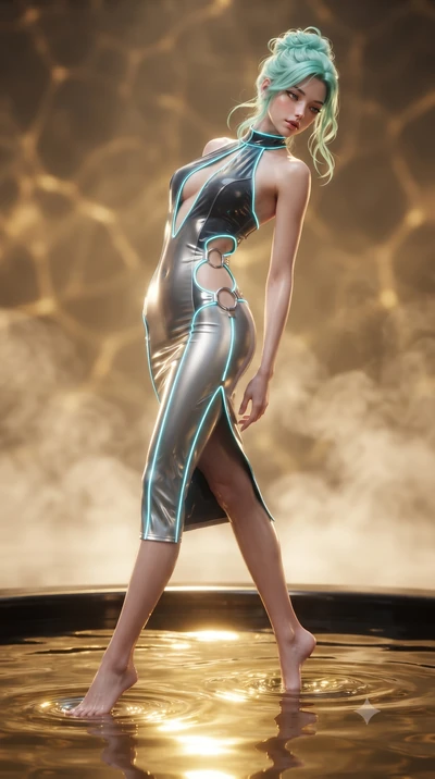 score_9, masterpiece, best quality, ultra-detailed, high-budget anime keyframe, editorial fashion photography, tasteful artistic composition, Japanese woman. low angle full-body shot from head to toe showing her feet, filling the entire 9:16 vertical