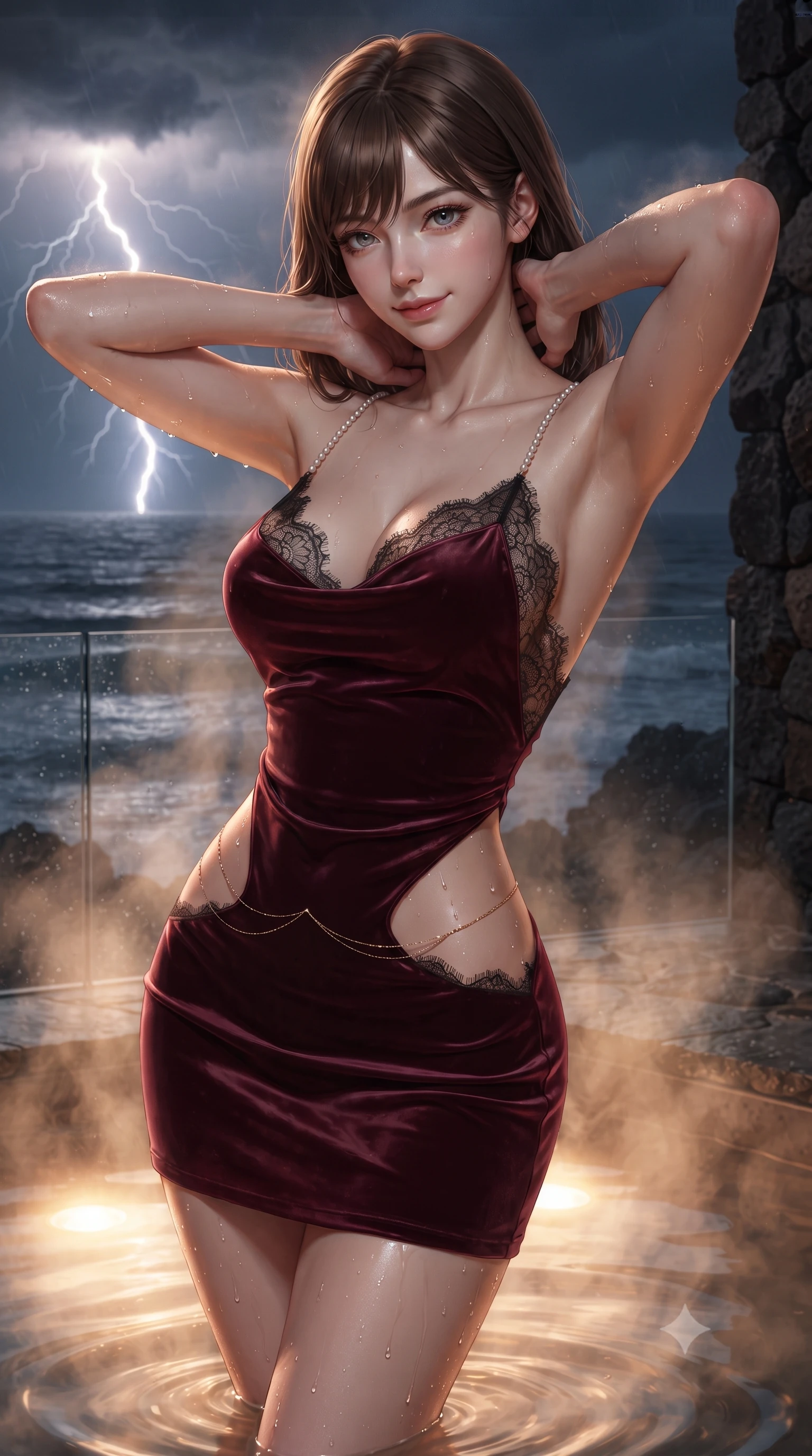 score_9, masterpiece, best quality, ultra-detailed, high-budget anime keyframe, editorial fashion photography, tasteful artistic composition, Korean woman. close-up cowboy shot from the waist and thighs up, the character dominates the composition, filling the frame with her large presence. resting both hands lightly behind her neck with elbows raised, arching her spine to highlight her narrow waist, flat midriff, and breathtaking collarbones while twisting her slender torso in an alluring S-curve, warm mineral steam swirling around her bare shoulders, flat midriff, and hips as lightning flashes. The surrounding environment is rendered in vivid detail and crisp panoramic clarity: sharp glass infinity edge rim reflections, volcanic basalt stone texture, and glistening water droplets on toned skin in deep focus. She has an exceptionally elegant, slender, and willowy female figure with an ultra-slim waist, flat toned midriff, narrow ribcage, and sculpted feminine hips creating an alluring, slim hourglass silhouette without bulk. sharp v-shaped jawline, high-bridge nose, sparkling eyes with hypnotic seductive depth, thick curled eyelashes, glossy parted lips with a natural dewy peach sheen, alluring bedroom-eyes with an enchanting coquettish smile, exuding magnetic siren charisma and sophisticated glamour, flawlessly proportioned anatomical accuracy, strict slender model proportions, natural body alignment, perfectly sculpted long slender limbs, ultra-slim waistline, clean dynamic posture without body distortion. wearing a low-cut draped cowl-back satin slip mini dress with dainty pearl spaghetti straps in deep bordeaux velvet and delicate black chantilly, made of delicate semi-sheer French Chantilly lace with intricate eyelash edges, accented with a dainty gold belly chain resting across her flat midriff and curving hips, the liquid-tight tailored fabric clinging flawlessly to her narrow waist and rounded feminine hips, emphasizing every millimeter of her sculpted slim hourglass curves without any bulky heaviness. bathed in warm underwater thermal tub illumination paired with sudden lightning flash strobes from the storm. ultra-reflective glossy finish, specular highlights, rich textural contrasts, high-contrast stereoscopic depth, volumetric dynamic lighting, 2k, ultra detail, master piece, 9:16 ratio