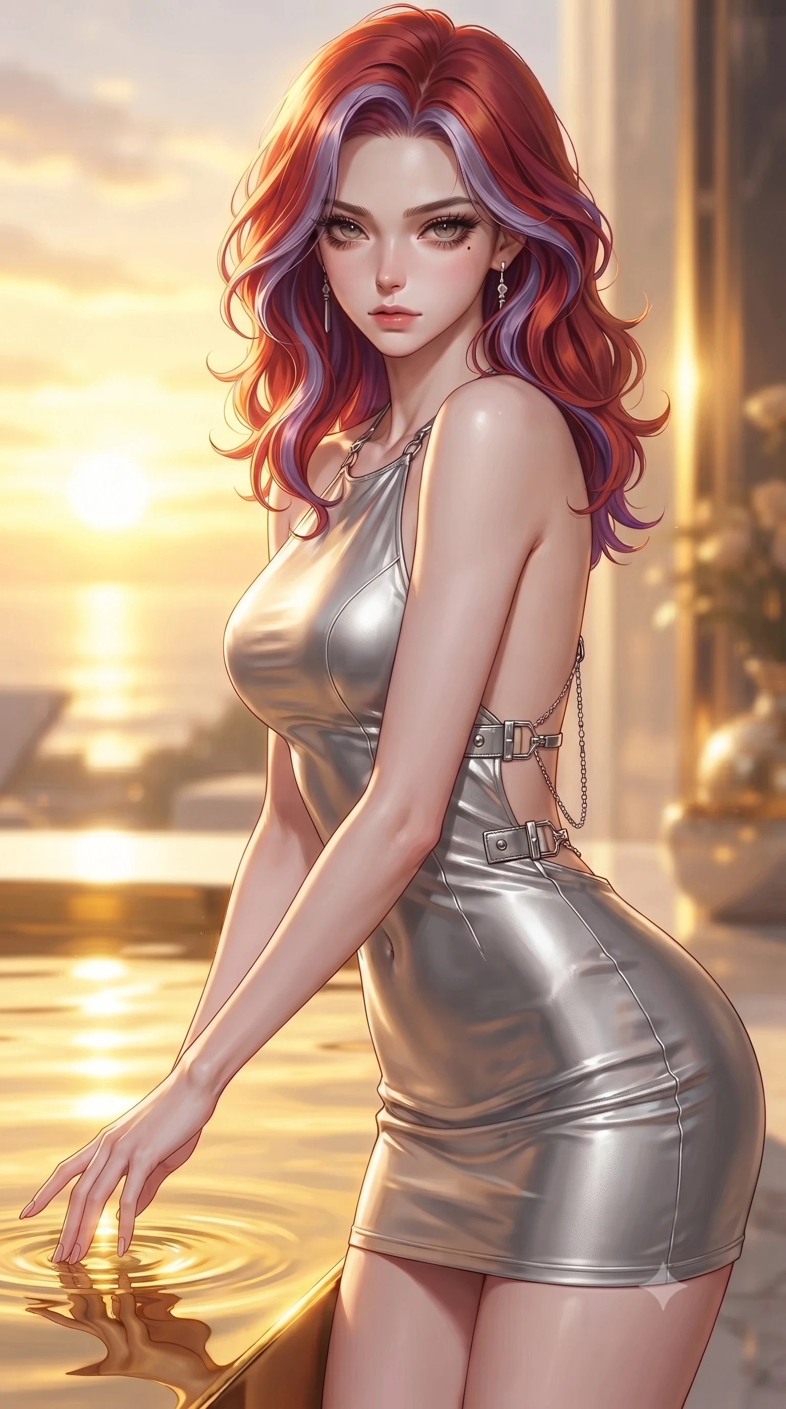 score_9, masterpiece, best quality, ultra-detailed, high-budget anime keyframe, editorial fashion photography, tasteful artistic composition, Caucasian woman. close-up cowboy shot from the waist and thighs up, the character dominates the composition, filling the frame with her large presence, background elements kept in soft focus. Casting a slow, direct gaze beneath heavy lashes with quiet intensity, touching a pool of liquid gold that reflects a bright golden-hour sunset sky, statuesque model pose with refined luxury details. She has an exceptionally elegant, slender, and willowy female figure with an ultra-slim waist, a gracefully sculpted slender torso, and a refined silhouette. sharp v-shaped jawline, high-bridge nose, intricate jewel-like eyes with depth, thick eyelashes, glossy lips with a natural sheen. wearing backless liquid vinyl mini slip dress with bare shoulder halter neckline in metallic silver, made of liquid mercury jersey, framed by polished silver buckles and delicate chain details, following her slender form with tailored precision. bathed in bright white alabaster highlights and warm gold ambient glow. highly saturated vibrant anime colors, detailed shading with soft gradients, rich glossy textures, high-contrast stereoscopic depth, volumetric dynamic lighting, master piece, 9:16 ratio