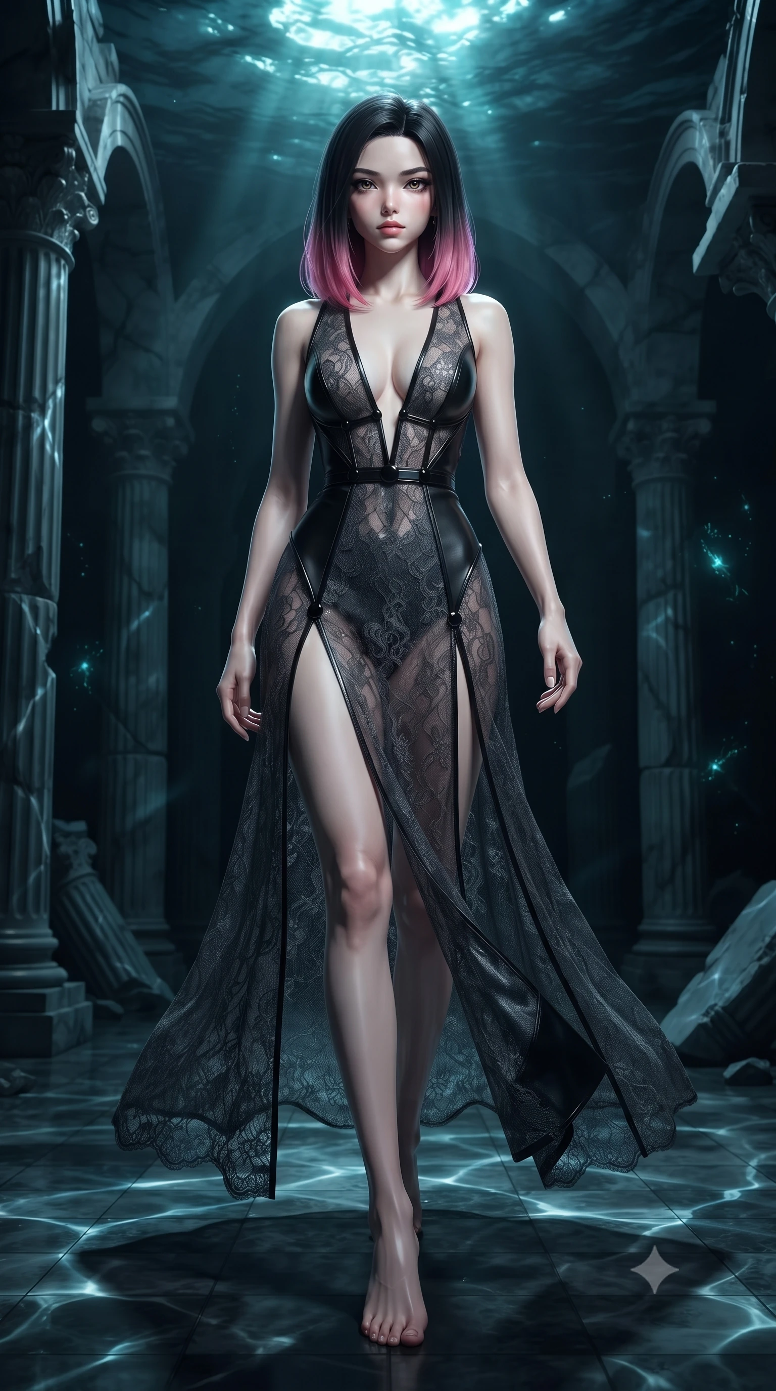 score_9, masterpiece, best quality, ultra-detailed, high-budget anime keyframe, editorial fashion photography, tasteful artistic composition, Korean woman. low angle full-body shot from head to toe showing her feet, filling the entire 9:16 vertical frame with her statuesque presence, stretching her vertical silhouette. stepping gracefully through the dark environment, stretching her statuesque silhouette, standing on a sunken dark marble colonnade at the bottom of a dark ocean, caustic underwater light ripples dancing dynamically on dark marble. She has an absolutely perfect, statuesque 8.5-heads proportion, an exceptionally tall and slender model-like female figure with impossibly long slender legs and an ultra-slim waist. sharp v-shaped jawline, high-bridge nose, intricate jewel-like eyes with depth, thick eyelashes, glossy lips with a natural sheen. wearing gothic nebula sheer dark lace gown with plunging neckline in dark charcoal gray, made of polished black leather, adorned with minimalist black onyx hardware framing the silhouette, the fitted fabric emphasizing her ultra-slim waist. bathed in shimmering aqua caustic light and pitch-black abyssal shadows. ultra-reflective glossy finish, specular highlights, metallic sheen, high-contrast stereoscopic depth, volumetric dynamic lighting, 2k, ultra detail, master piece, 9:16 ratio