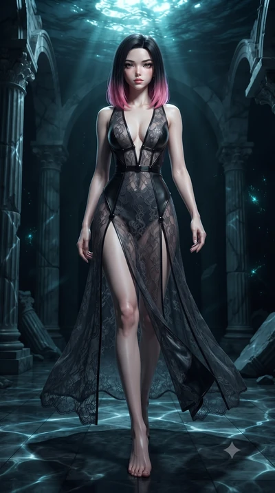 score_9, masterpiece, best quality, ultra-detailed, high-budget anime keyframe, editorial fashion photography, tasteful artistic composition, Korean woman. low angle full-body shot from head to toe showing her feet, filling the entire 9:16 vertical f