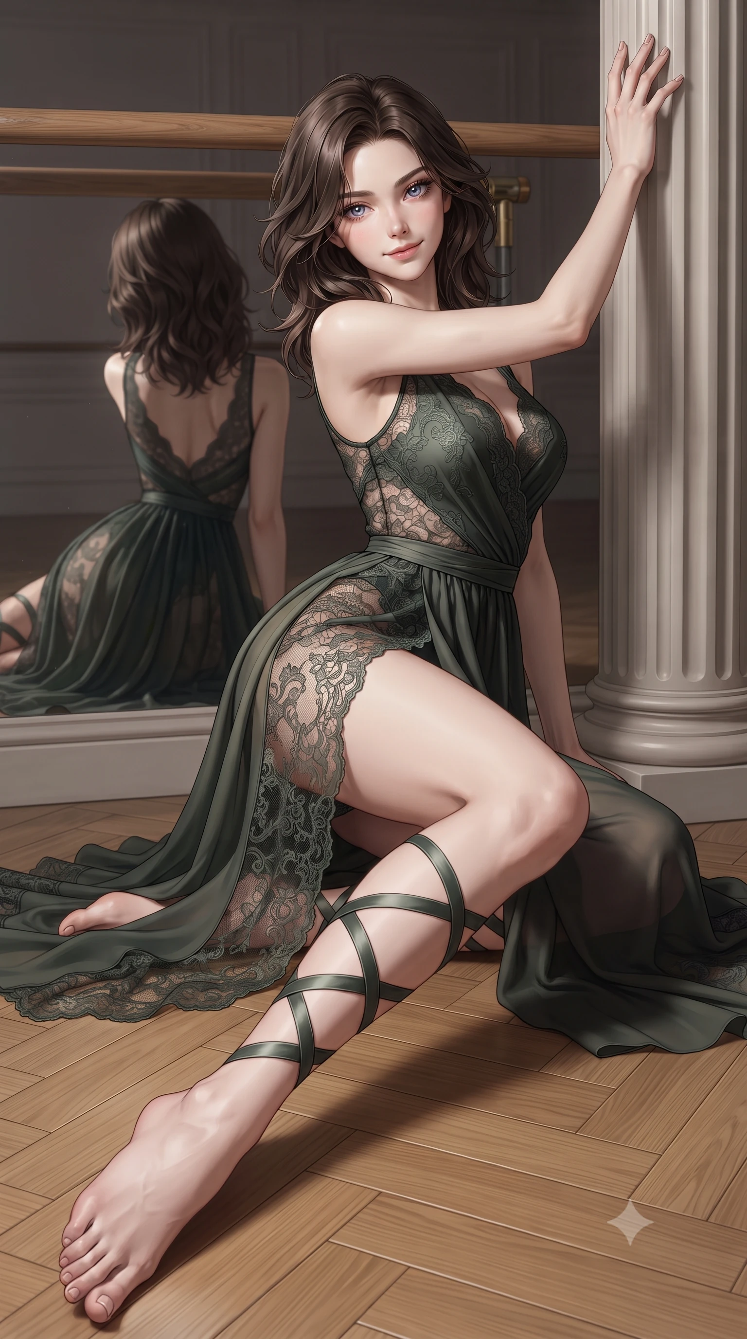 score_9, masterpiece, best quality, ultra-detailed, high-budget anime keyframe, editorial fashion photography, tasteful artistic composition, Korean woman. low angle full-body shot from head to toe showing her feet, filling the entire 9:16 vertical frame with her statuesque presence, stretching her vertical silhouette. standing tall beside the architectural column, one hand resting high while arching her lower back to emphasize her sculpted feminine hips and slender waist while sitting on the polished oak parquet floor stretching forward gracefully, displaying her toned midriff and long limbs with athletic charm. The surrounding environment is rendered in vivid detail and crisp panoramic clarity: sharp polished wooden barre grain, oak parquet floor seams, and crystal clear mirror reflection in deep focus. She has an absolutely perfect, statuesque 8.5-heads proportion, an exceptionally tall and slender model-like female figure with impossibly long slender legs, an ultra-slim waist, a flat toned midriff, narrow delicate ribcage, and beautifully sculpted feminine hips creating a graceful, slim hourglass silhouette without any bulky heaviness. sharp v-shaped jawline, high-bridge nose, sparkling eyes with hypnotic seductive depth, thick curled eyelashes, glossy parted lips with a natural dewy peach sheen, alluring bedroom-eyes with an enchanting coquettish smile, exuding magnetic siren charisma and sophisticated glamour, flawlessly proportioned anatomical accuracy, strict slender model proportions, natural body alignment, perfectly sculpted long slender limbs, ultra-slim waistline, clean dynamic posture without body distortion. wearing a delicate sheer gossamer chiffon ballet wrap dress slipping off bare shoulders with a daring hip-high leg slit in stealth night-vision green and carbon charcoal with neon accents, made of delicate semi-sheer French Chantilly lace with intricate eyelash edges, finished with delicate satin ballet ribbon ties criss-crossing up her slender calves to the knee, the glove-like clinging cut tightly following the natural contour of her hips and long slender legs with youthful 8.5-heads elegance. illuminated by mirror reflection bounce and sharp platinum rim lights sculpting her jawline, flat midriff, and voluptuous hip curves. ultra-reflective glossy finish, specular highlights, rich textural contrasts, high-contrast stereoscopic depth, volumetric dynamic lighting, 2k, ultra detail, master piece, 9:16 ratio