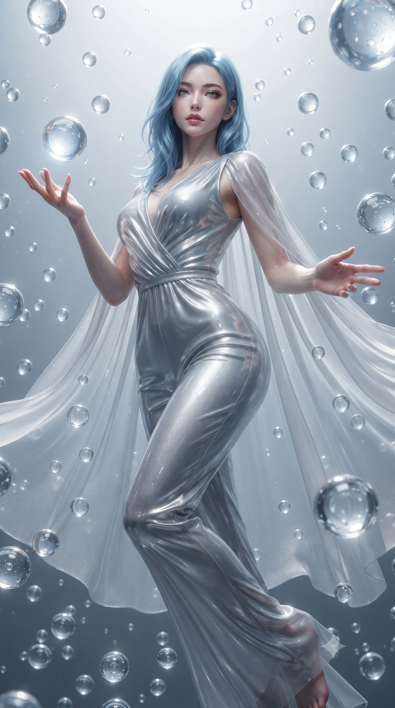 score_9, masterpiece, best quality, ultra-detailed, High-budget Anime Keyframe, editorial fashion photography, tasteful artistic composition, realistic cosplay photography, East Asian woman. Low angle cowboy shot filling the entire 9:16 frame with her statuesque presence. Scenario 476: reaching out to catch a floating sphere of liquid light in a zero-gravity sanctuary filled with floating water spheres. Her presence is magnetic and overpowering in this high-budget cinematic scene. Outfit 476: a slim-fit liquid silver shimmering chiffon jumpsuit draped with a semi-transparent chiffon cape. The clothing is designed to emphasize her exceptionally tall and slender 8-heads proportion. 8-heads proportion, towering silhouette, ultra-slim waist. sharp v-shaped jawline, intricate jewel-like eyes with depth, thick eyelashes, glossy lips. ultra-reflective glossy finish, specular highlights, metallic sheen, high-contrast stereoscopic depth, volumetric dynamic lighting, 2k, ultra detail, master piece, 9:16 ratio