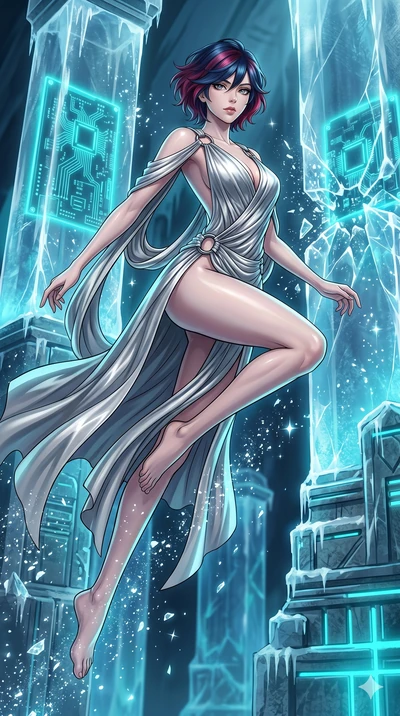 score_9, masterpiece, best quality, ultra-detailed, high-budget anime keyframe, Caucasian woman, strictly human ears. low angle full-body shot filling the entire 9:16 frame with her statuesque presence, stretching the vertical silhouette. leaping ins