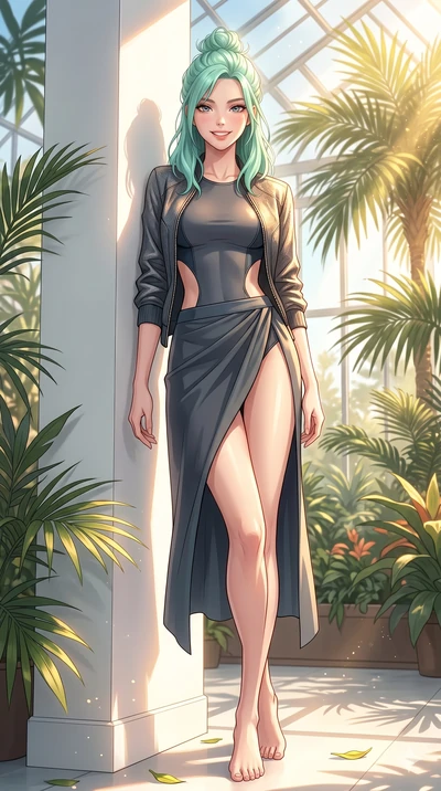 score_9, masterpiece, best quality, ultra-detailed, high-budget anime keyframe, vibrant anime aesthetic, Japanese woman. low angle full-body shot from head to toe showing her feet, filling the entire 9:16 vertical frame with her statuesque presence, 