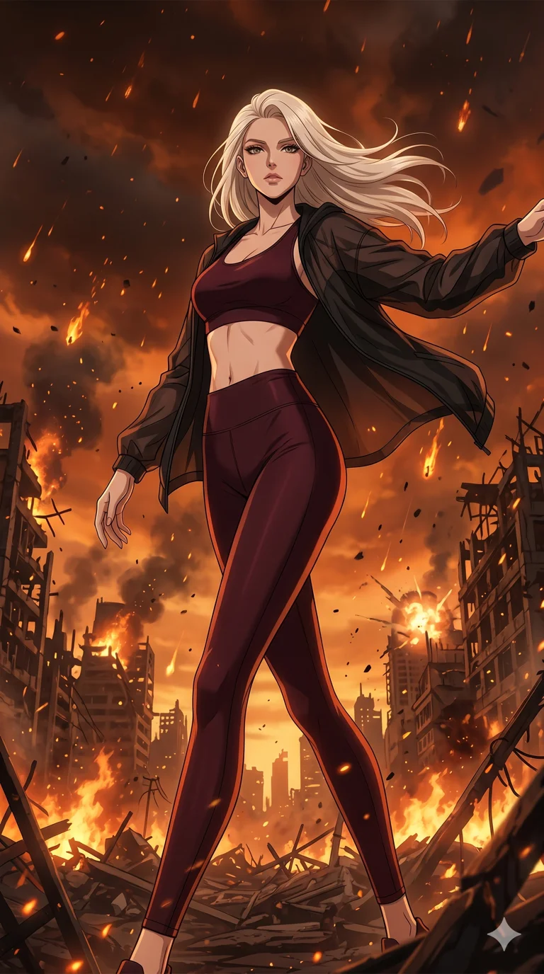 score_9, masterpiece, best quality, ultra-detailed, High-budget Anime Keyframe, beautiful Caucasian anime girl (strictly human ears). Low angle cowboy shot filling the entire 9:16 frame with her statuesque presence. Dancing a final, tragic dance amidst the burning remains of a destroyed world under a raining fire. She has an absolutely perfect 8-heads proportion, an exceptionally tall and slender female figure with impossibly long slender legs and an ultra-slim waist. Sharp v-shaped jawline, high-bridge nose, intricate jewel-like eyes with depth, thick eyelashes, glossy lips with a natural sheen. Wearing a Premium Athleisure outfit: sleek burgundy activewear with a sheer windbreaker and exposed midriff. Background is a ruined city on fire with embers, smoke, and a dark orange apocalyptic sky. 2k, ultra detail, master piece, 9:16 ratio