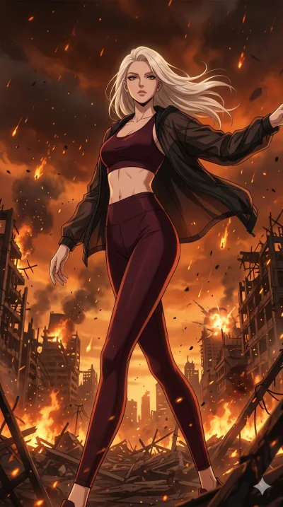 score_9, masterpiece, best quality, ultra-detailed, High-budget Anime Keyframe, beautiful Caucasian anime girl (strictly human ears). Low angle cowboy shot filling the entire 9:16 frame with her statuesque presence. Dancing a final, tragic dance amid